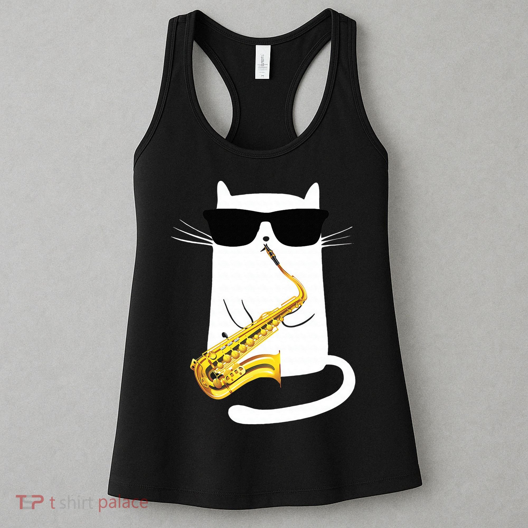 Funny Cat Wearing Sunglasses Playing Saxophone Women's Tank Top