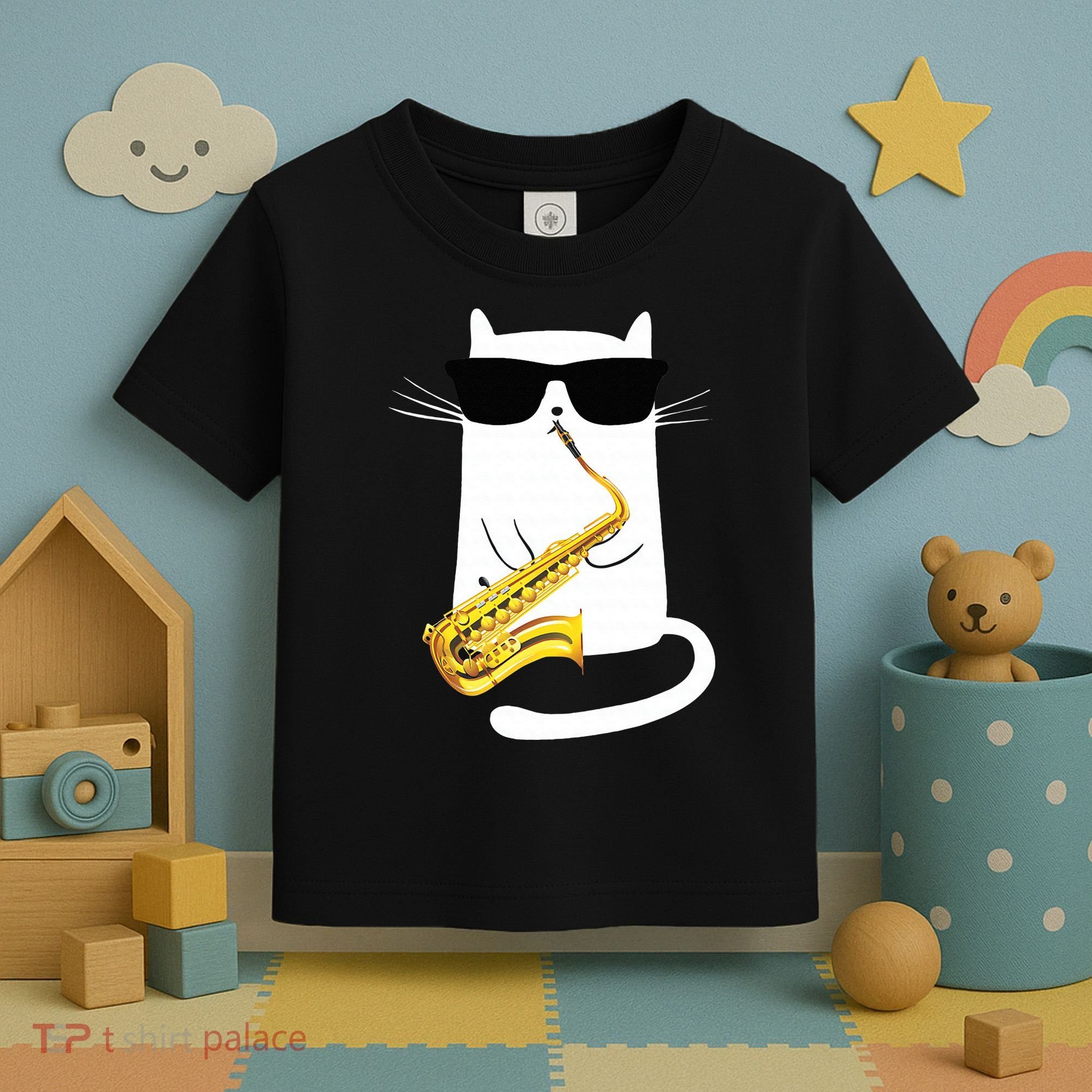 Funny Cat Wearing Sunglasses Playing Saxophone Toddler T-Shirt