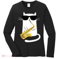 Funny Cat Wearing Sunglasses Playing Saxophone Women's Long Sleeve Shirt thumb 0