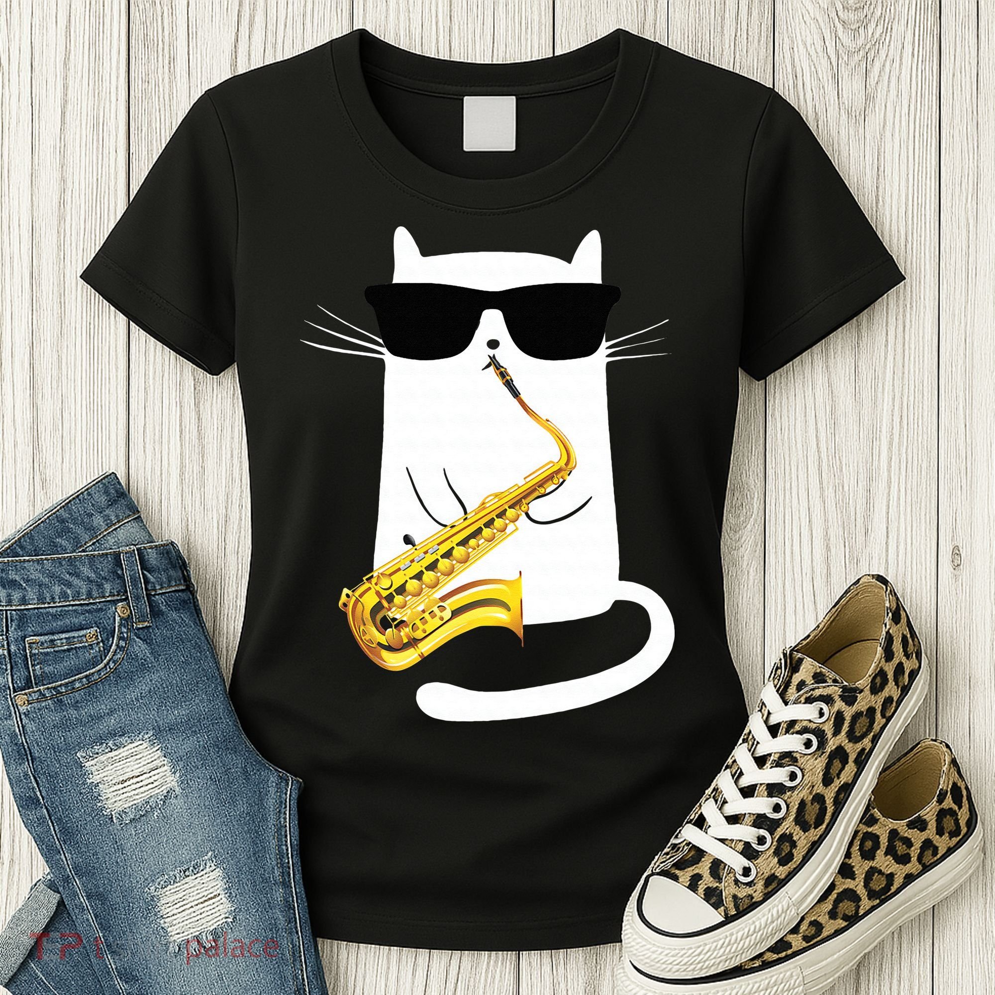 Funny Cat Wearing Sunglasses Playing Saxophone Women's T-Shirt