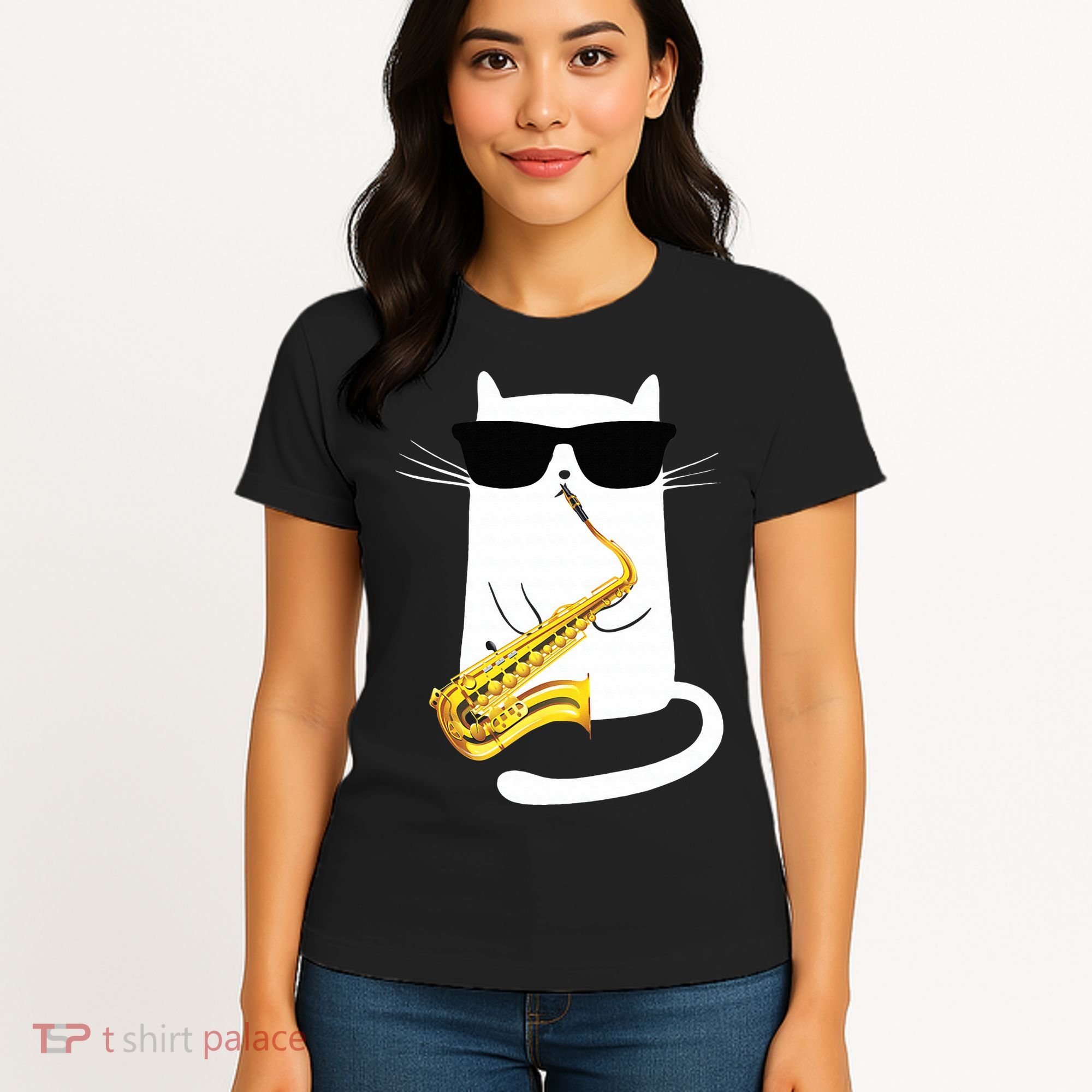 Funny Cat Wearing Sunglasses Playing Saxophone Women's T-Shirt