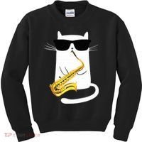 Funny Cat Wearing Sunglasses Playing Saxophone Kids Sweatshirt thumb 0