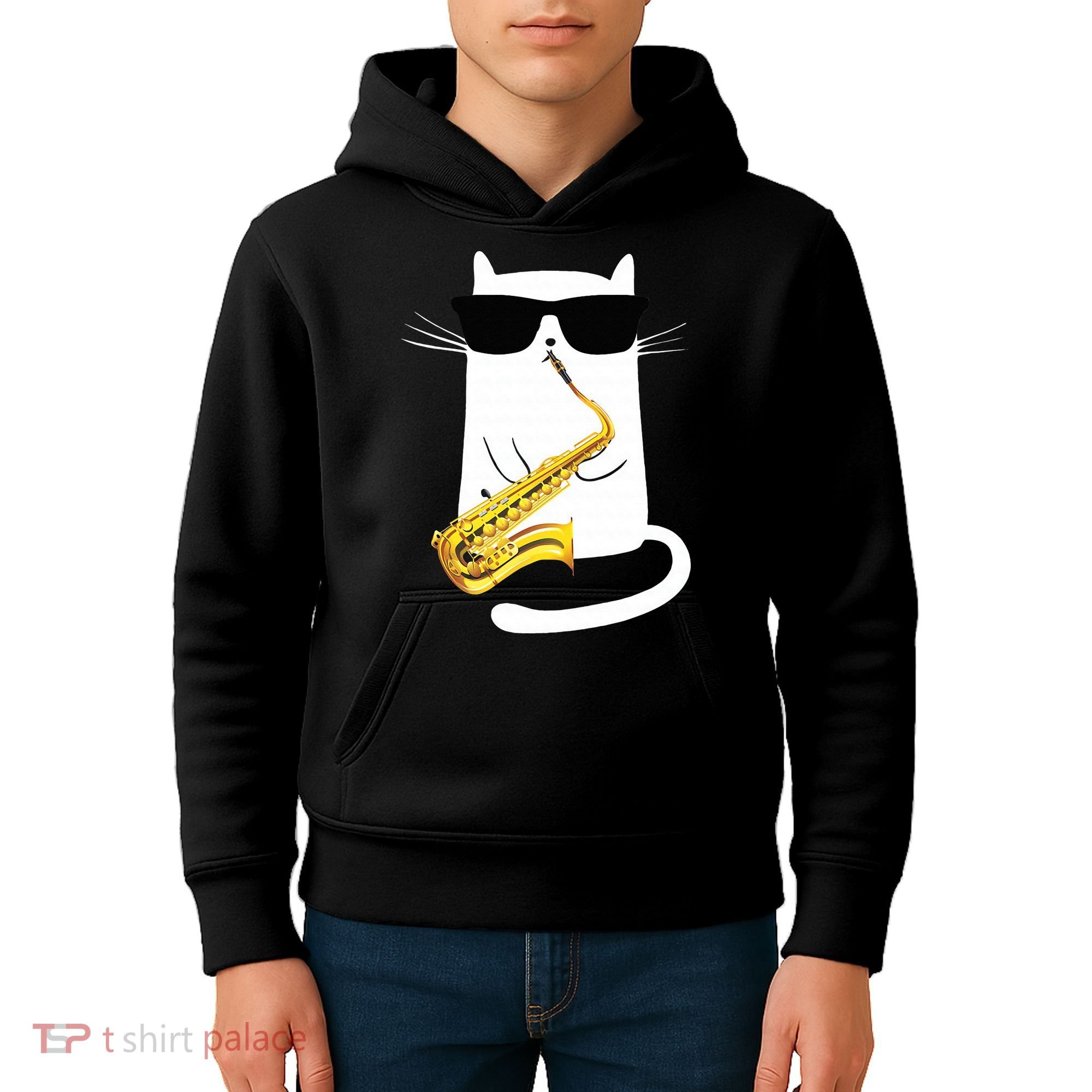 Funny Cat Wearing Sunglasses Playing Saxophone Kids Hoodie