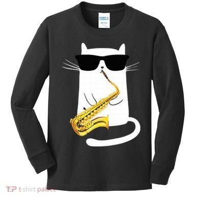 Funny Cat Wearing Sunglasses Playing Saxophone Kids Long Sleeve Shirt
