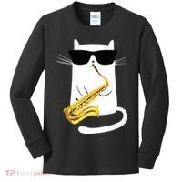 Funny Cat Wearing Sunglasses Playing Saxophone Kids Long Sleeve Shirt thumb 0