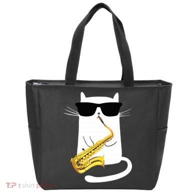 Funny Cat Wearing Sunglasses Playing Saxophone Tote Bag