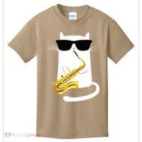 Funny Cat Wearing Sunglasses Playing Saxophone Kids T-Shirt thumb 0