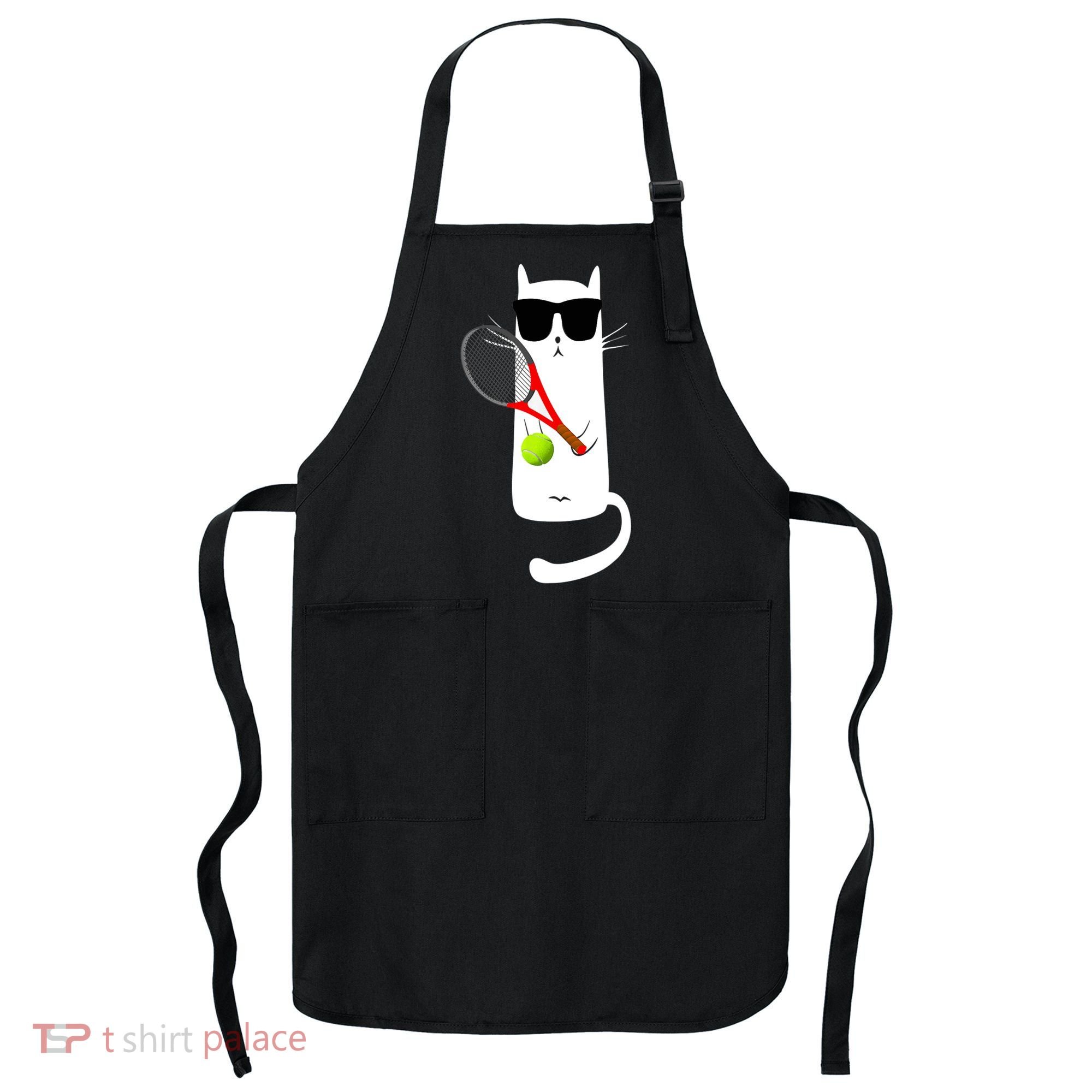 Funny Cat Wearing Sunglasses Playing Tennis Sport Apron