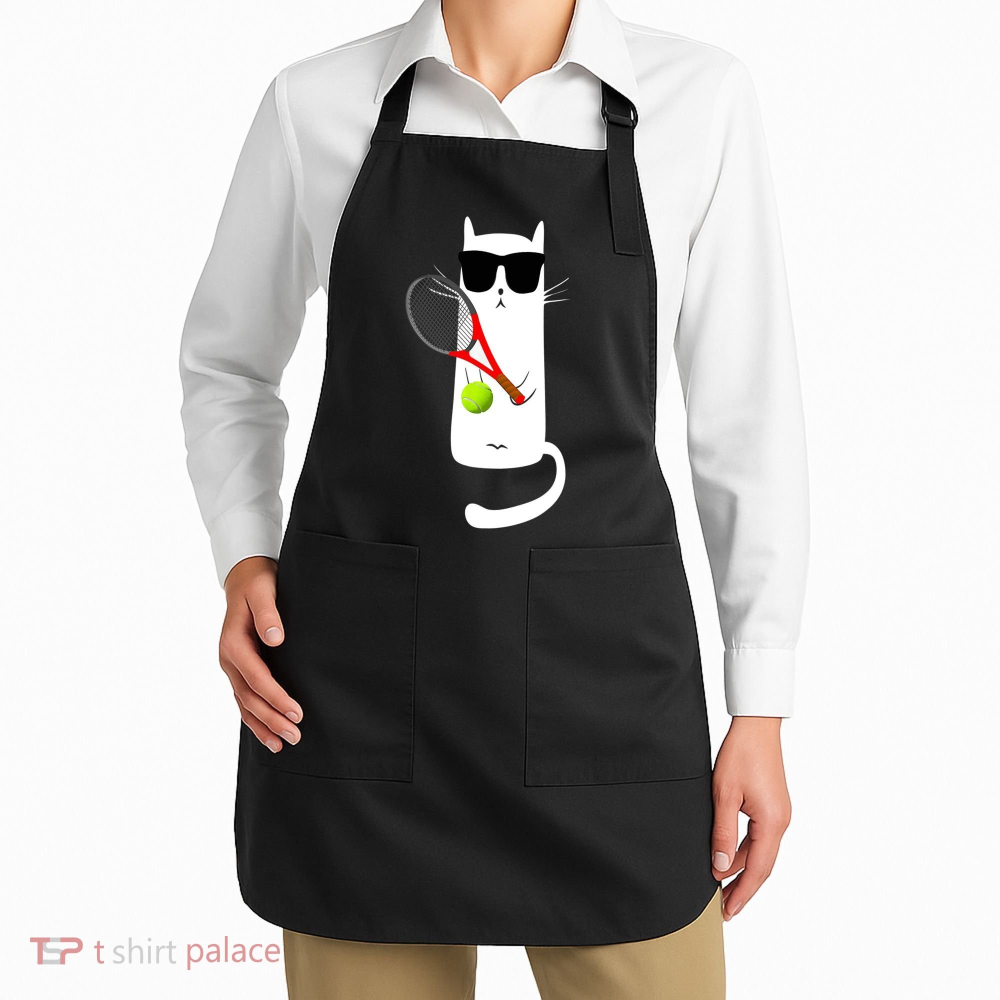 Funny Cat Wearing Sunglasses Playing Tennis Sport Apron