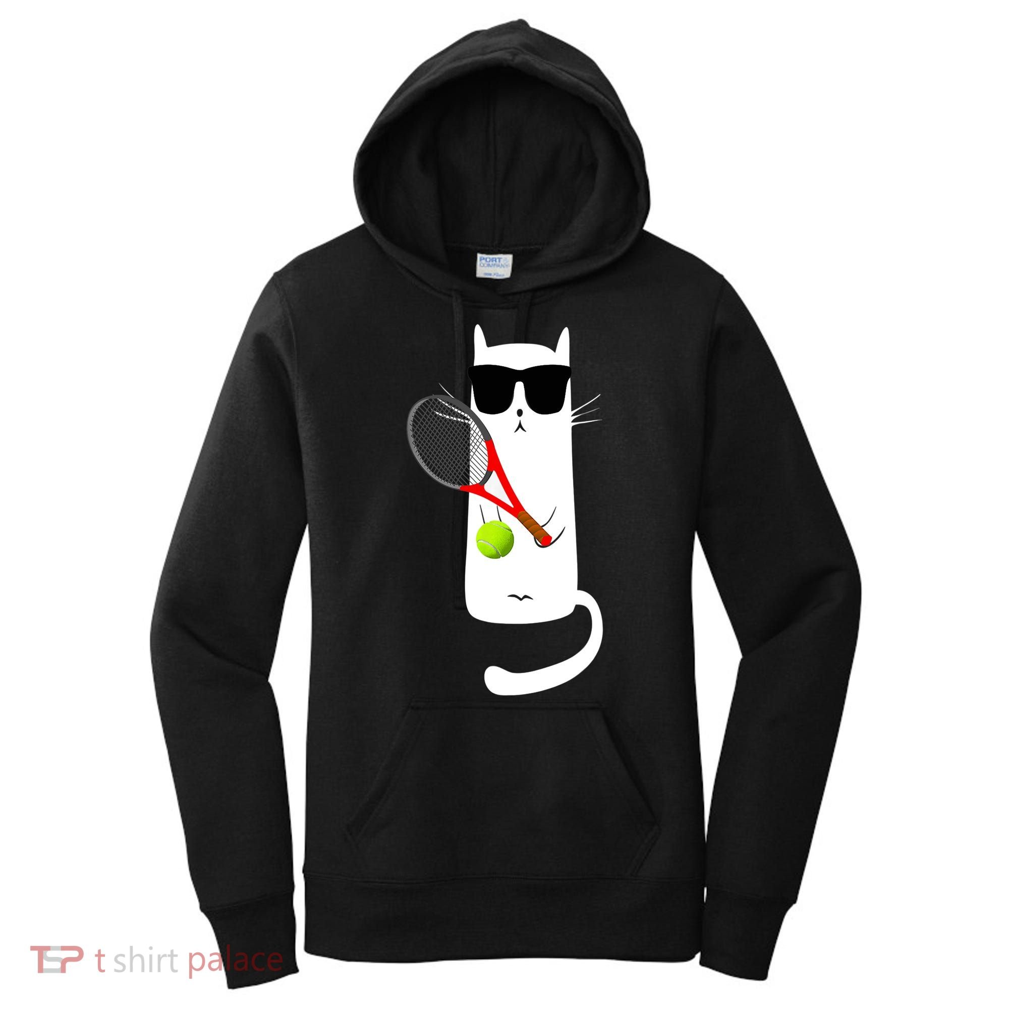 Funny Cat Wearing Sunglasses Playing Tennis Sport Women's Hoodie