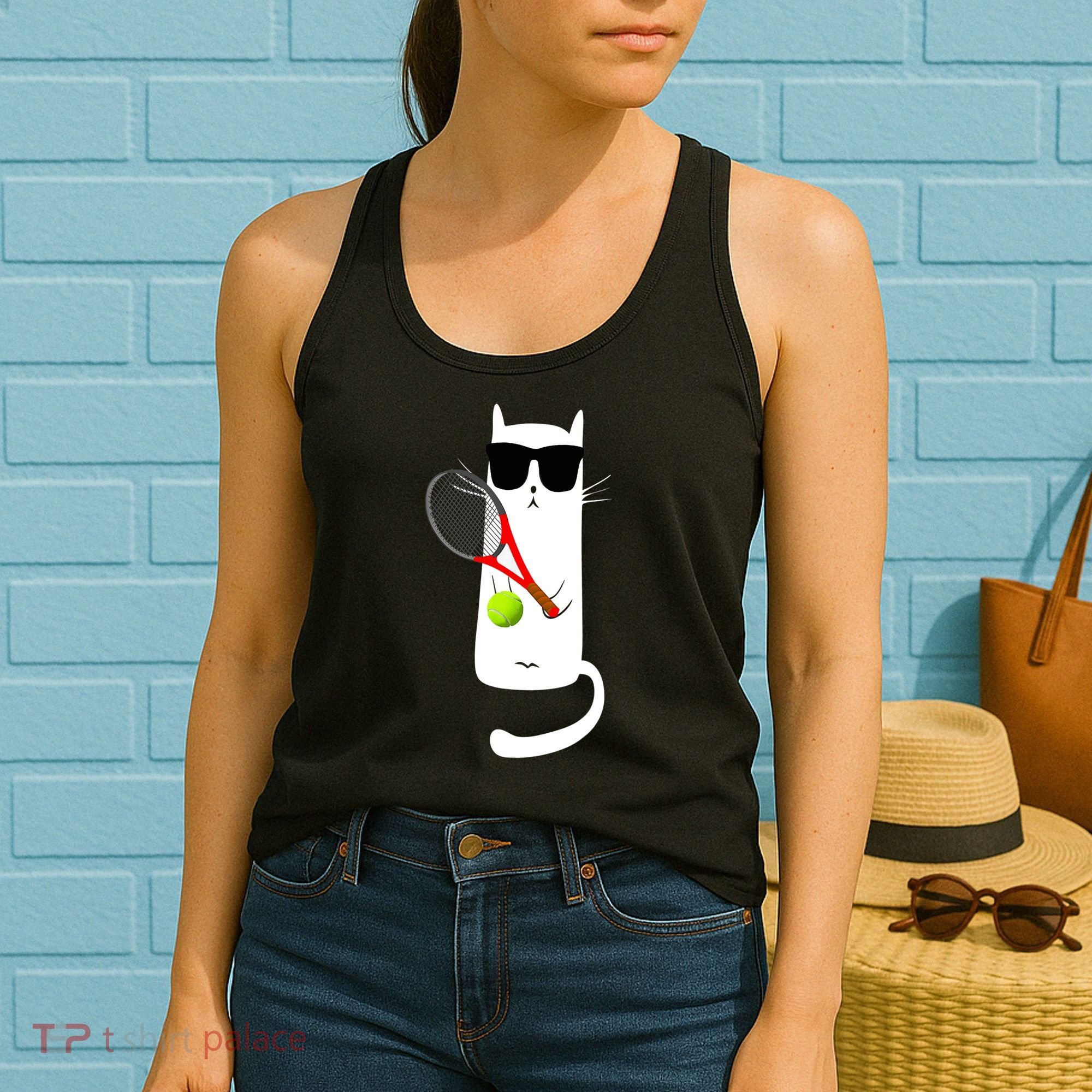 Funny Cat Wearing Sunglasses Playing Tennis Sport Women's Tank Top