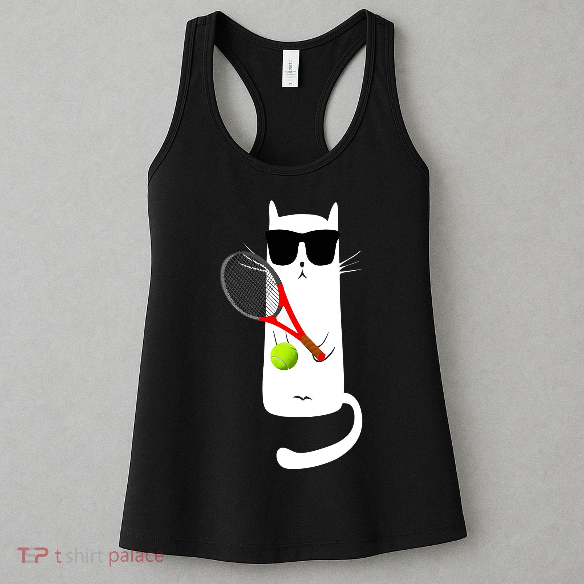 Funny Cat Wearing Sunglasses Playing Tennis Sport Women's Tank Top