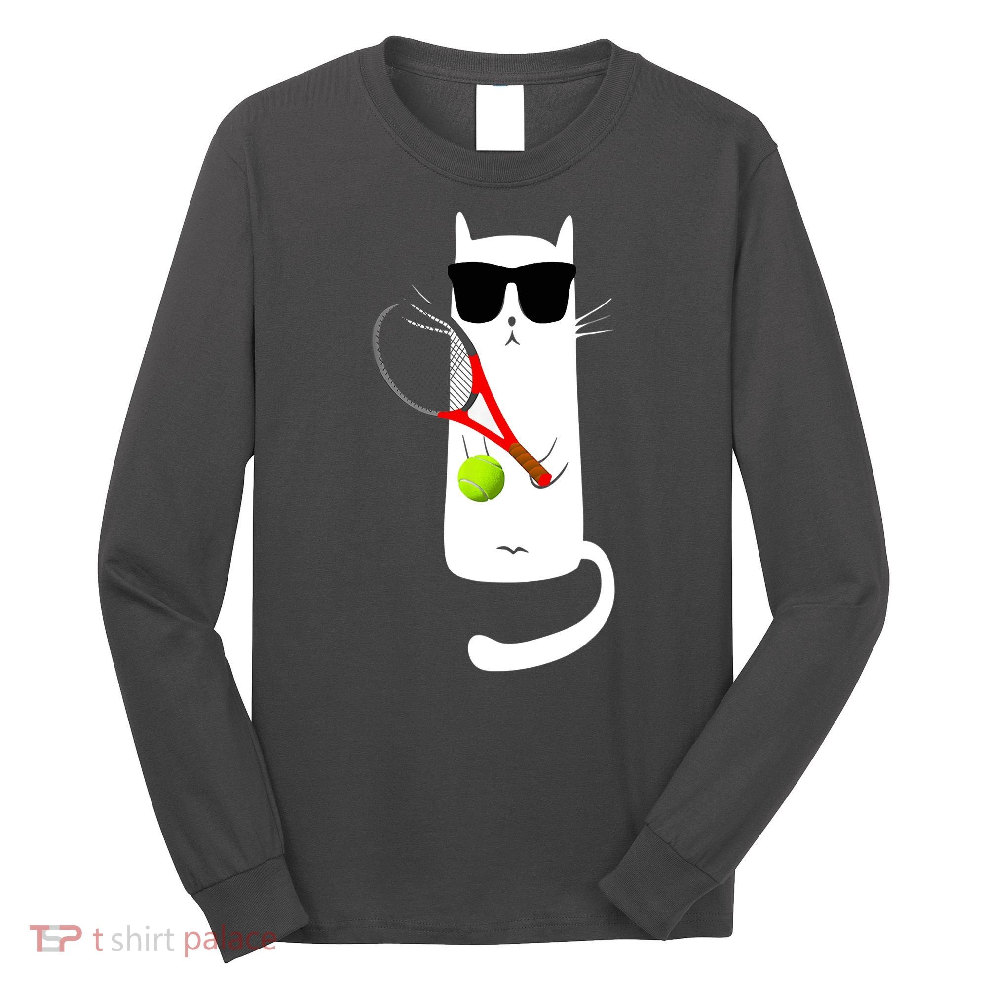 Funny Cat Wearing Sunglasses Playing Tennis Sport Long Sleeve Shirt