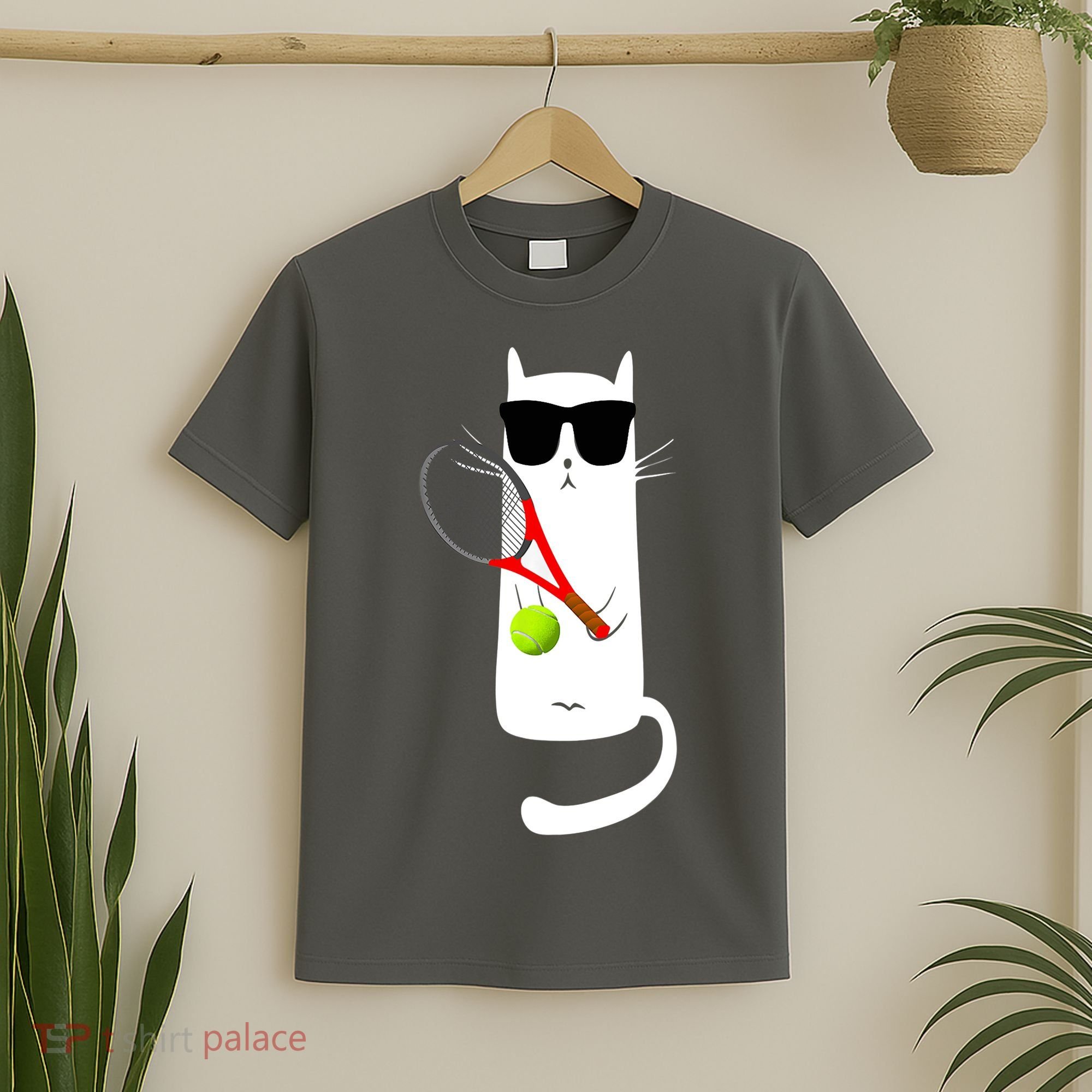 Funny Cat Wearing Sunglasses Playing Tennis Sport T-Shirt