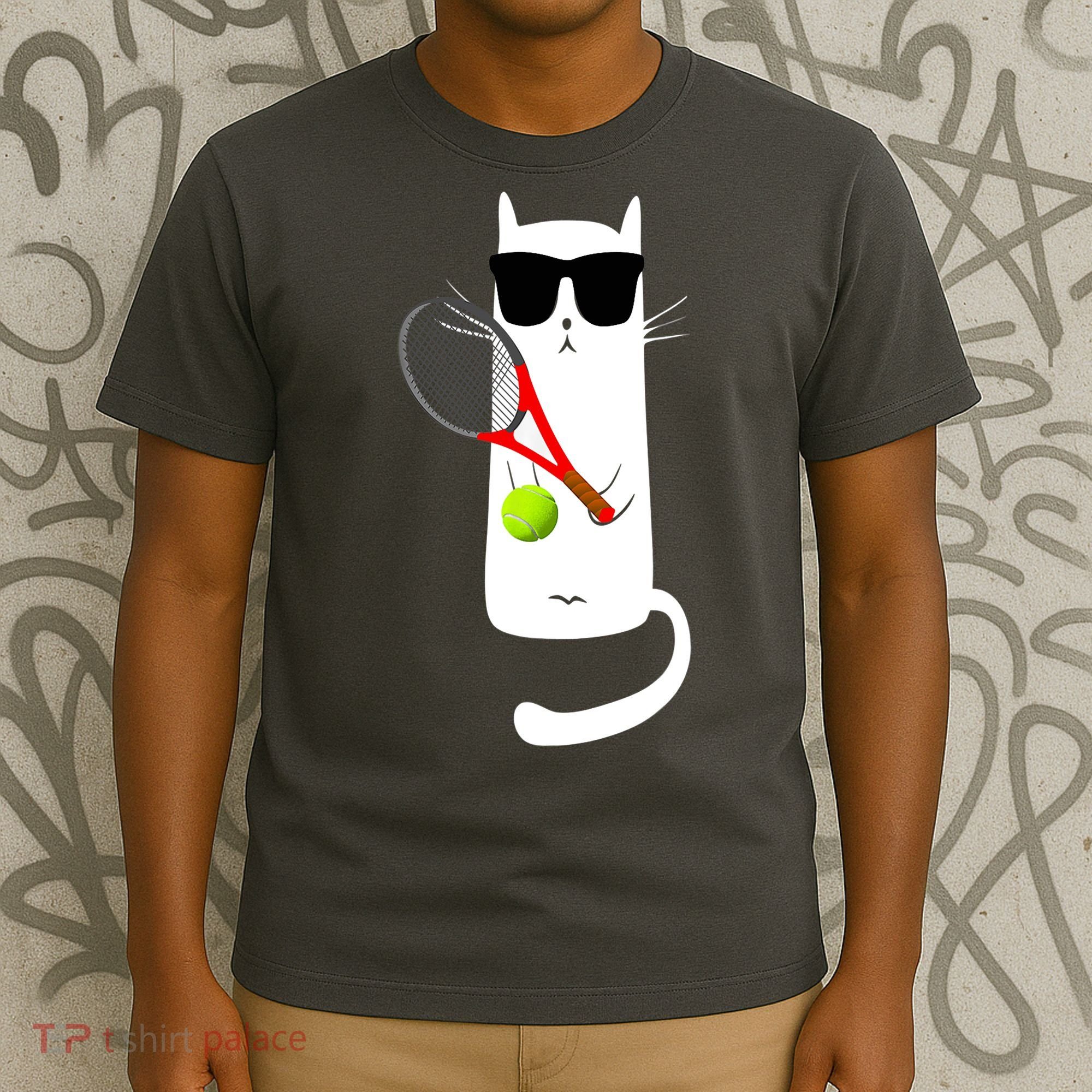 Funny Cat Wearing Sunglasses Playing Tennis Sport T-Shirt