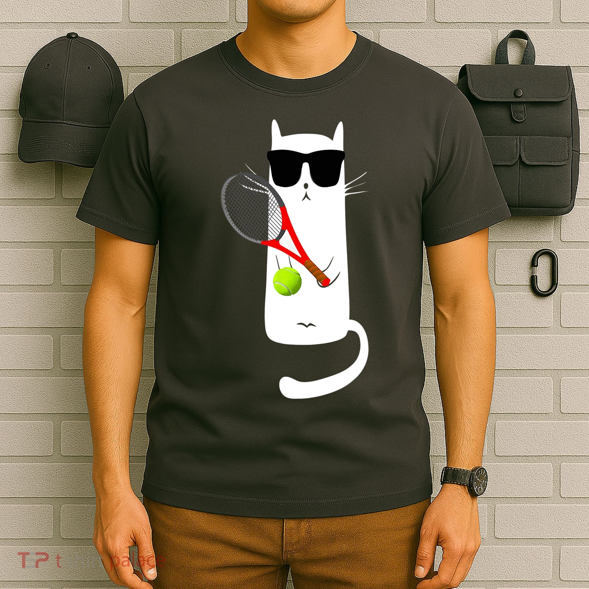Funny Cat Wearing Sunglasses Playing Tennis Sport T-Shirt