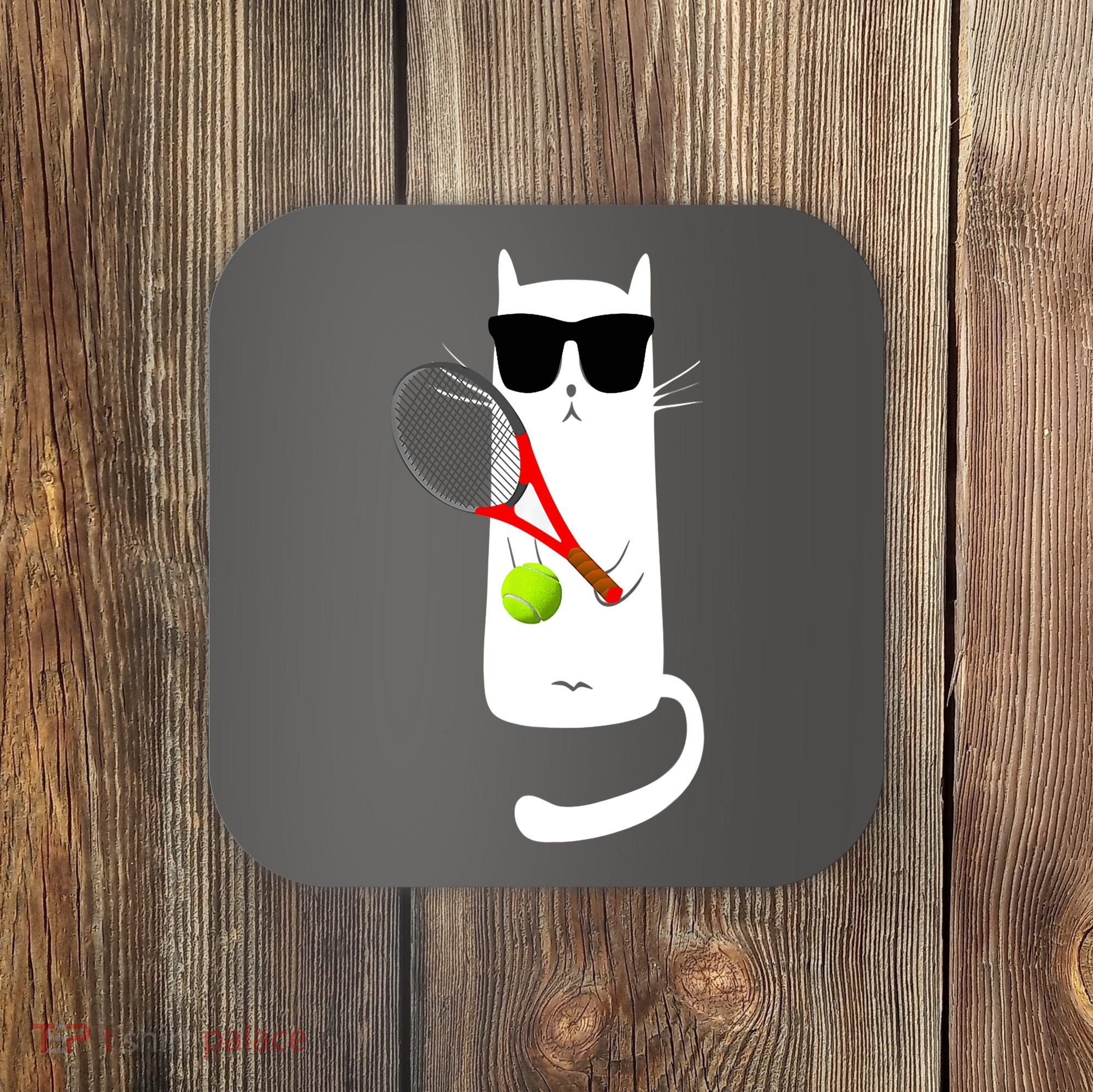 Funny Cat Wearing Sunglasses Playing Tennis Sport Coaster