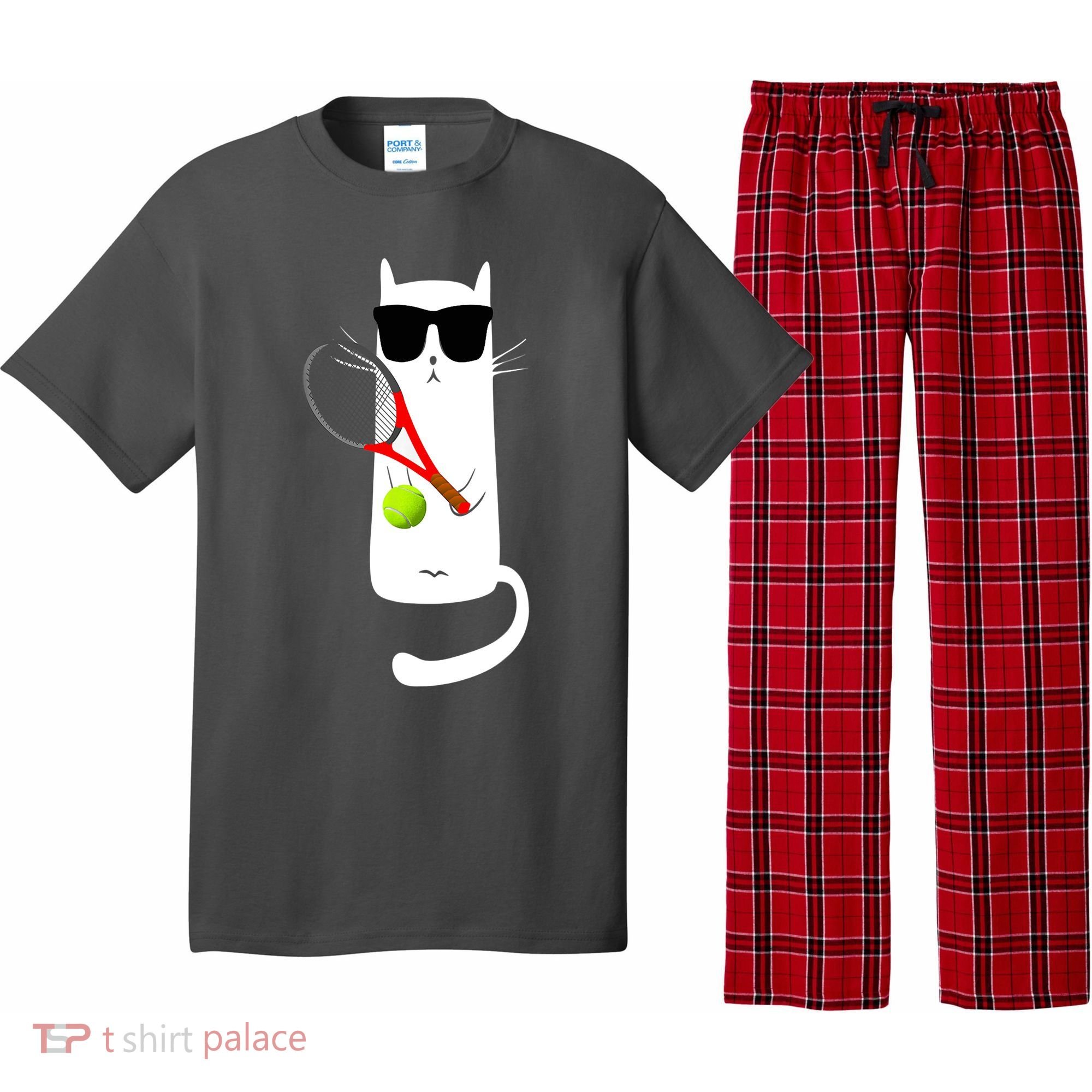 Funny Cat Wearing Sunglasses Playing Tennis Sport Pajama Set