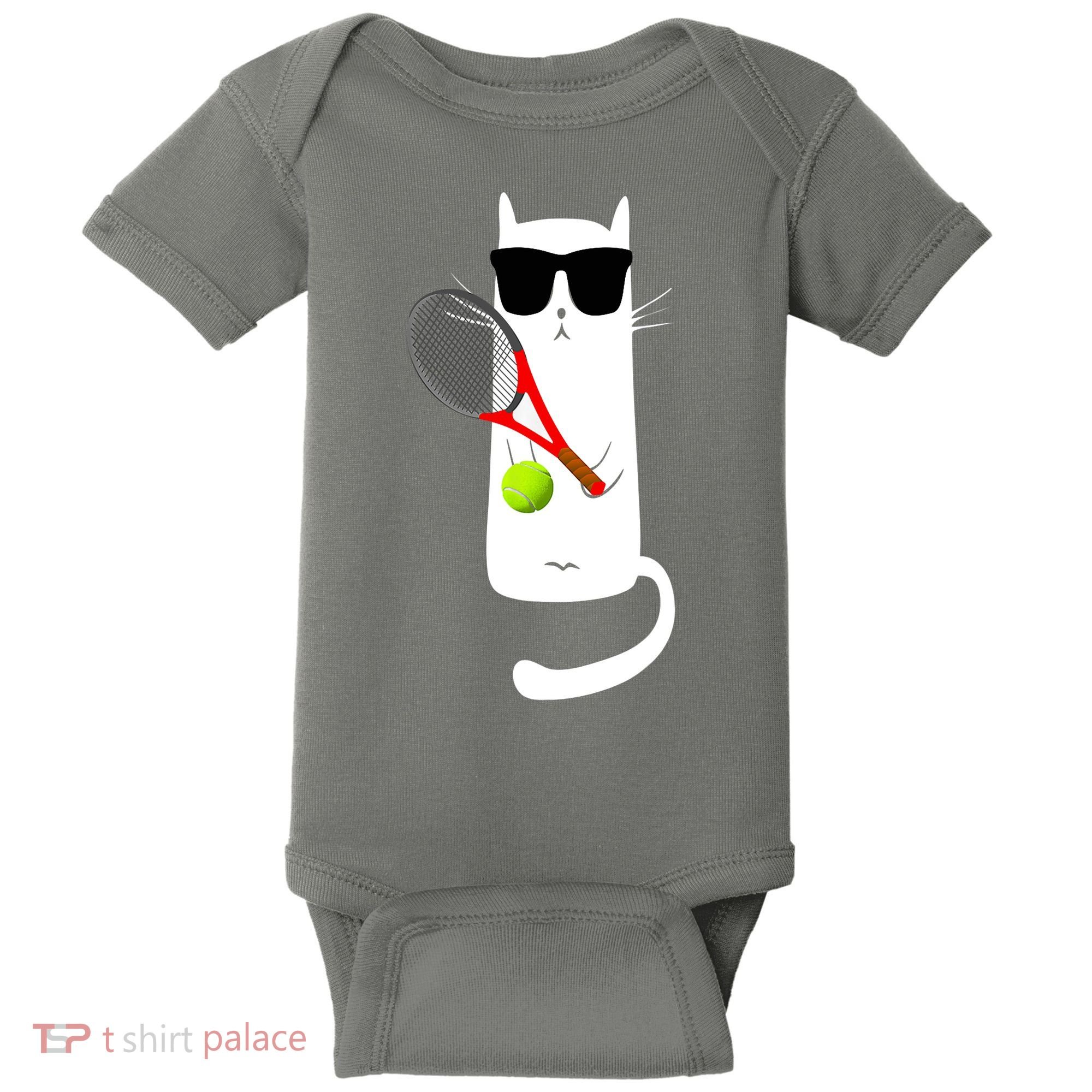 Funny Cat Wearing Sunglasses Playing Tennis Sport Baby Bodysuit