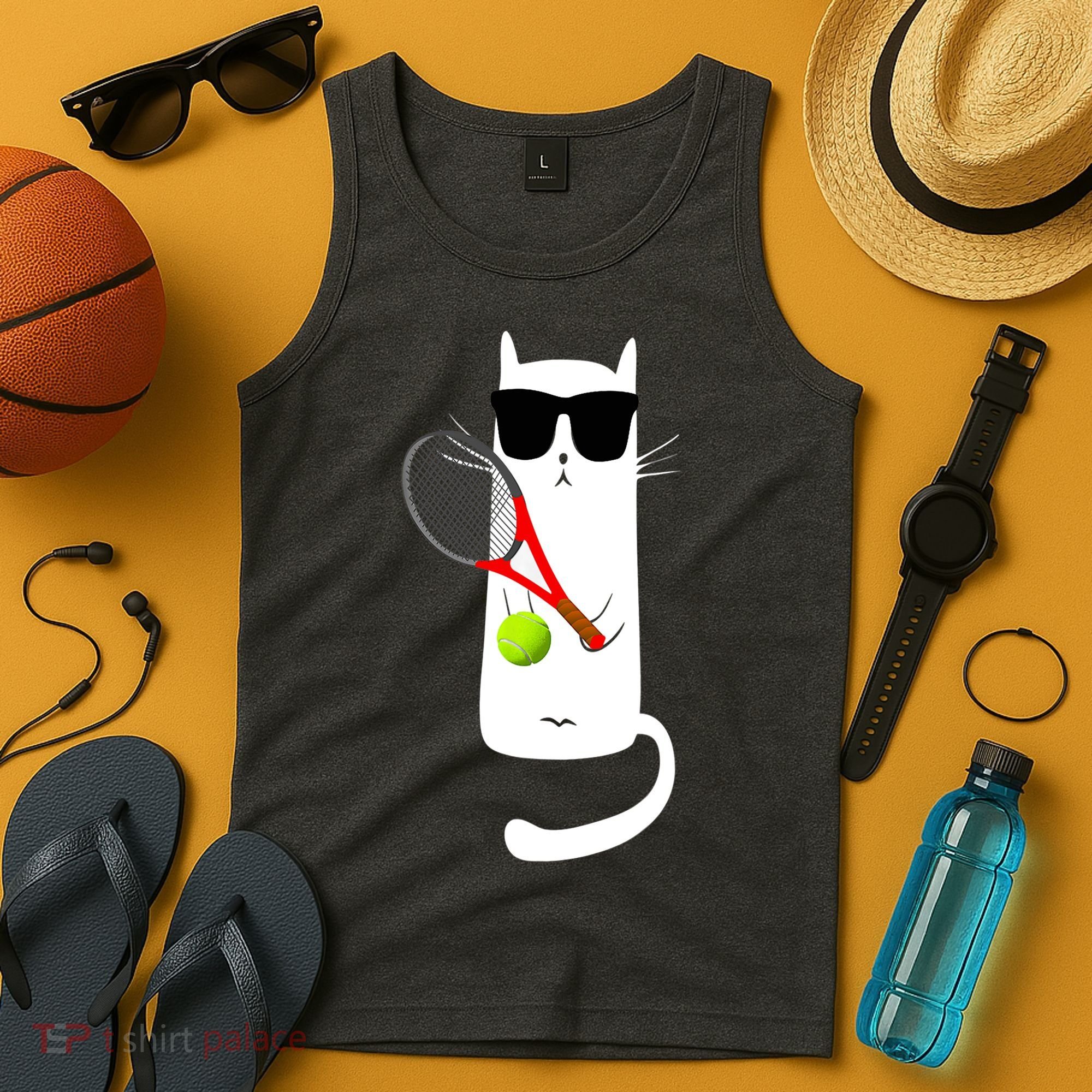 Funny Cat Wearing Sunglasses Playing Tennis Sport Tank Top