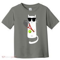 Funny Cat Wearing Sunglasses Playing Tennis Sport Toddler T-Shirt thumb 0