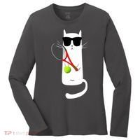 Funny Cat Wearing Sunglasses Playing Tennis Sport Women's Long Sleeve Shirt thumb 0
