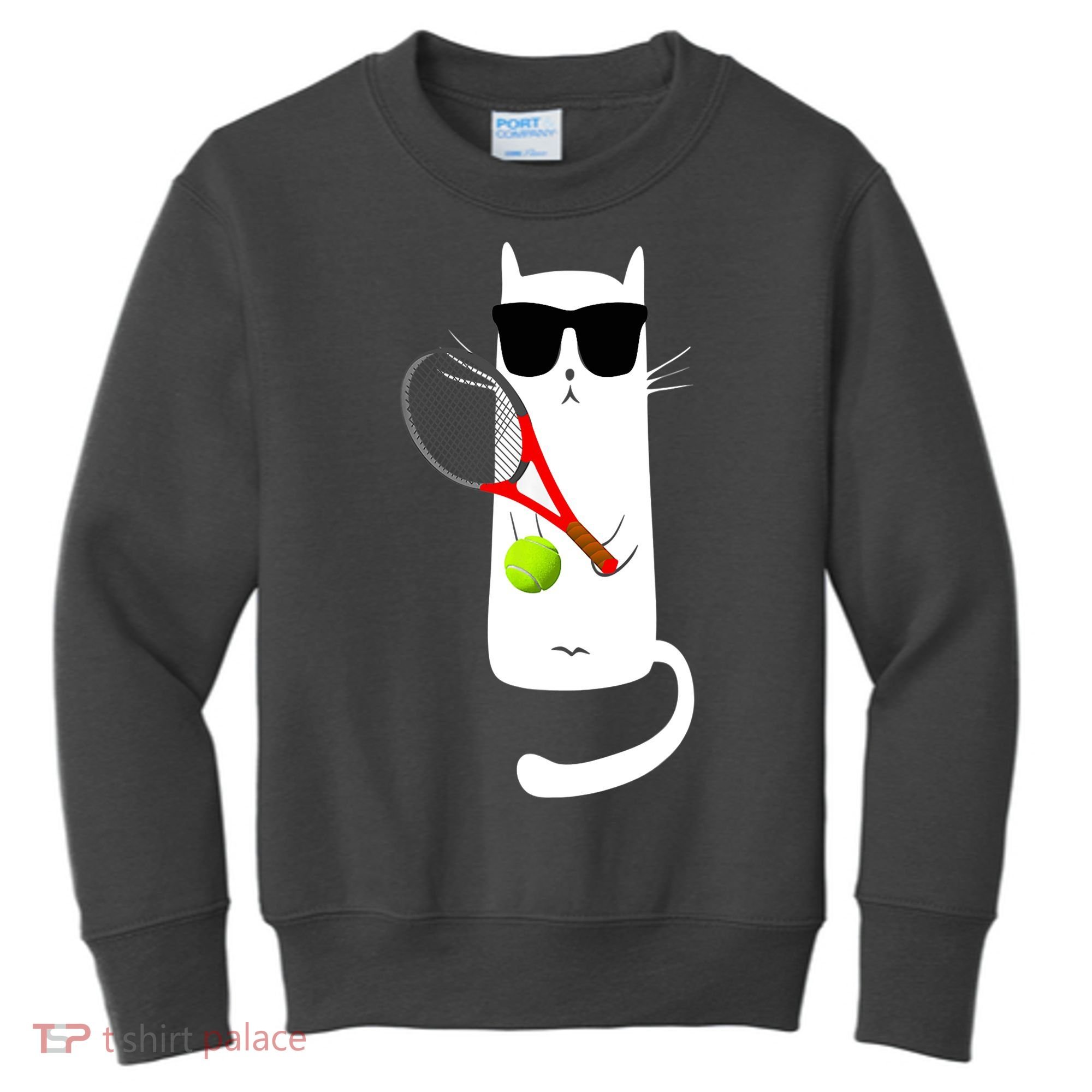Funny Cat Wearing Sunglasses Playing Tennis Sport Kids Sweatshirt