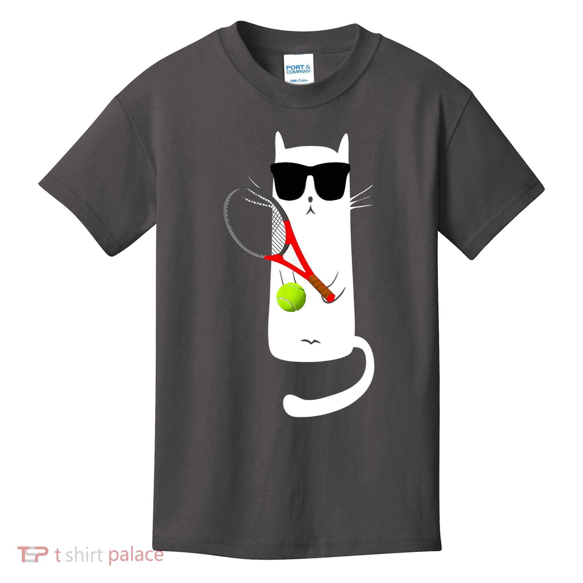 Funny Cat Wearing Sunglasses Playing Tennis Sport Kids T-Shirt