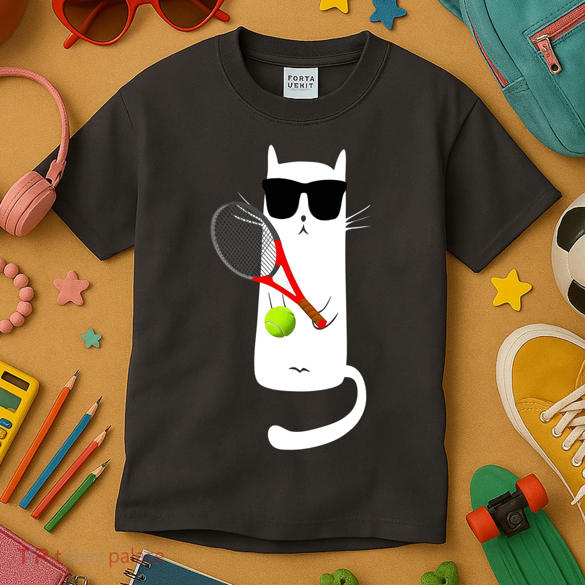 Funny Cat Wearing Sunglasses Playing Tennis Sport Kids T-Shirt