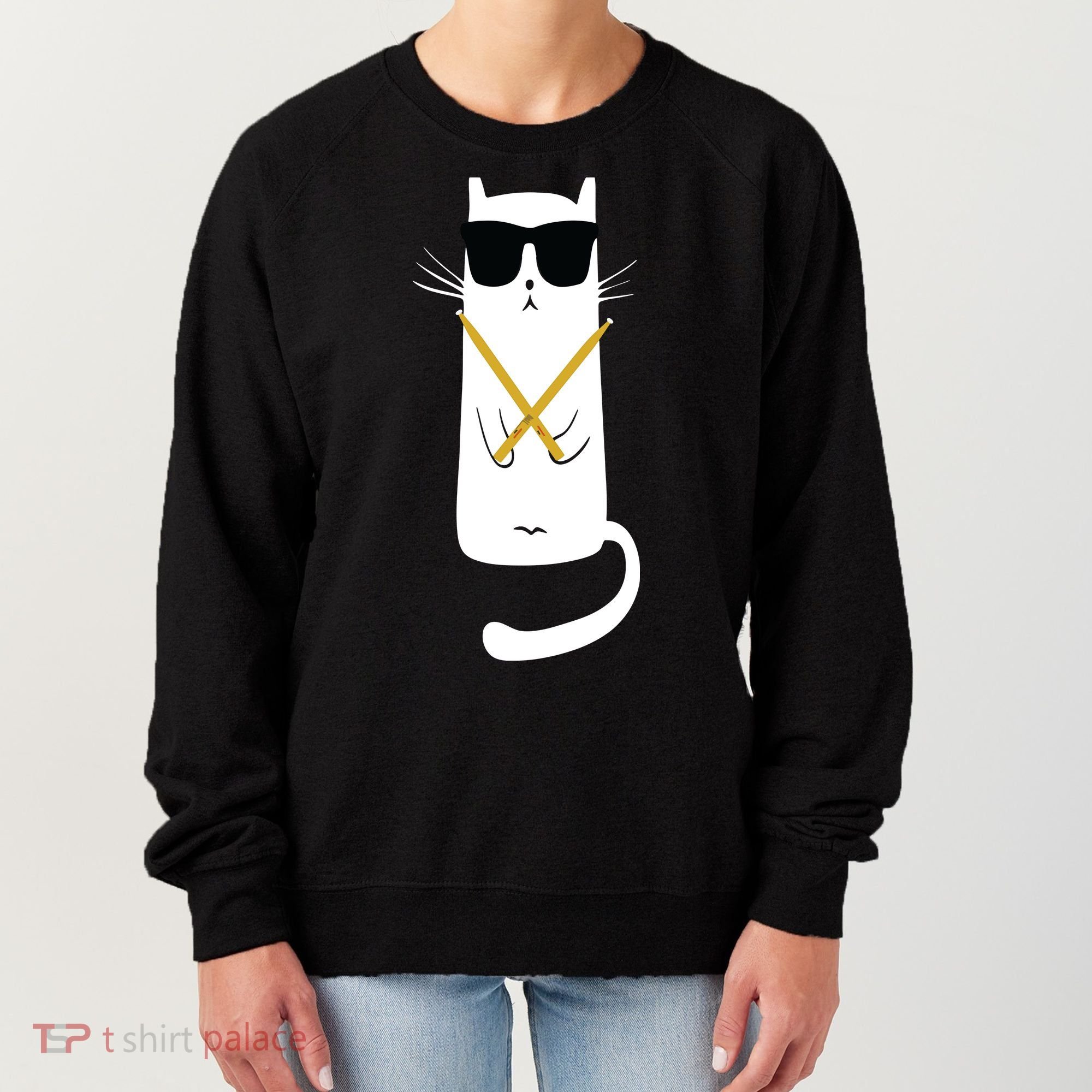Funny Cat Wearing Sunglasses Drums Playing Drums Women's Sweatshirt