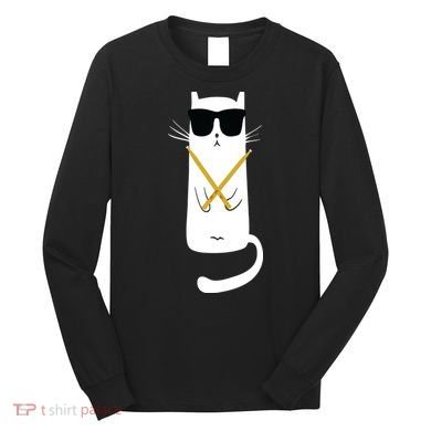 Funny Cat Wearing Sunglasses Drums Playing Drums Long Sleeve Shirt