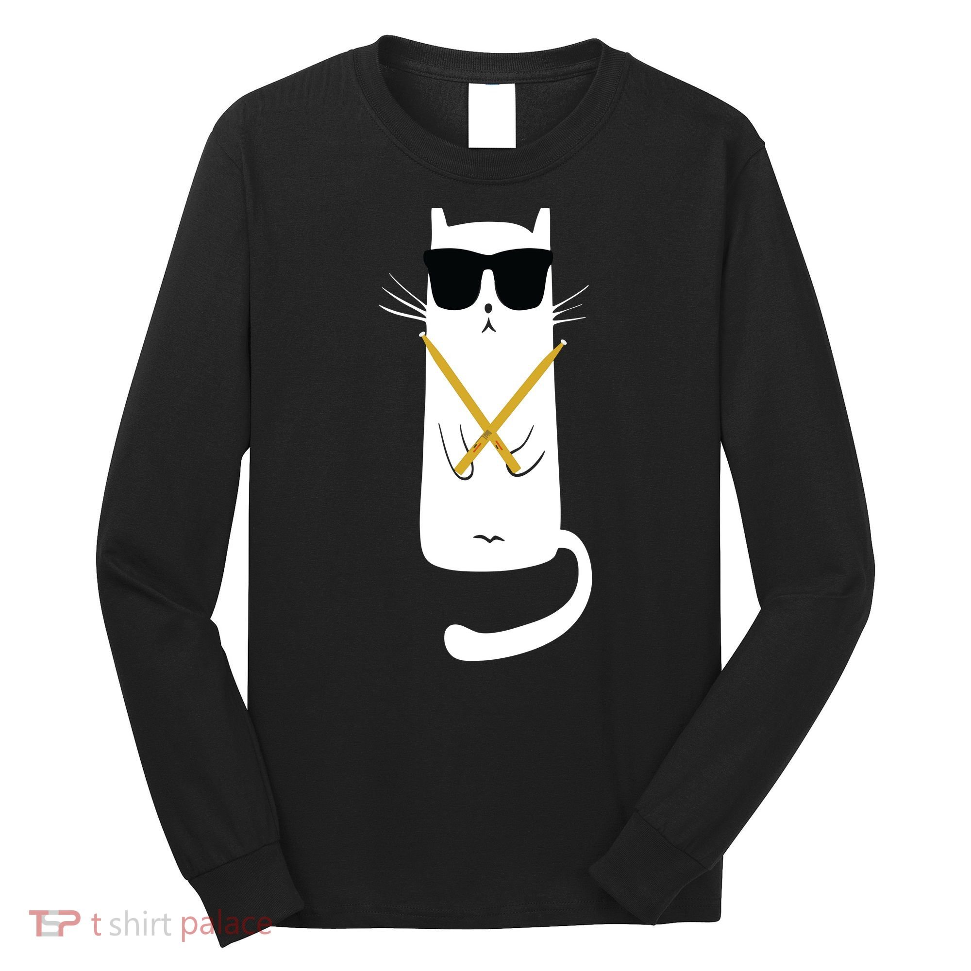 Funny Cat Wearing Sunglasses Drums Playing Drums Long Sleeve Shirt