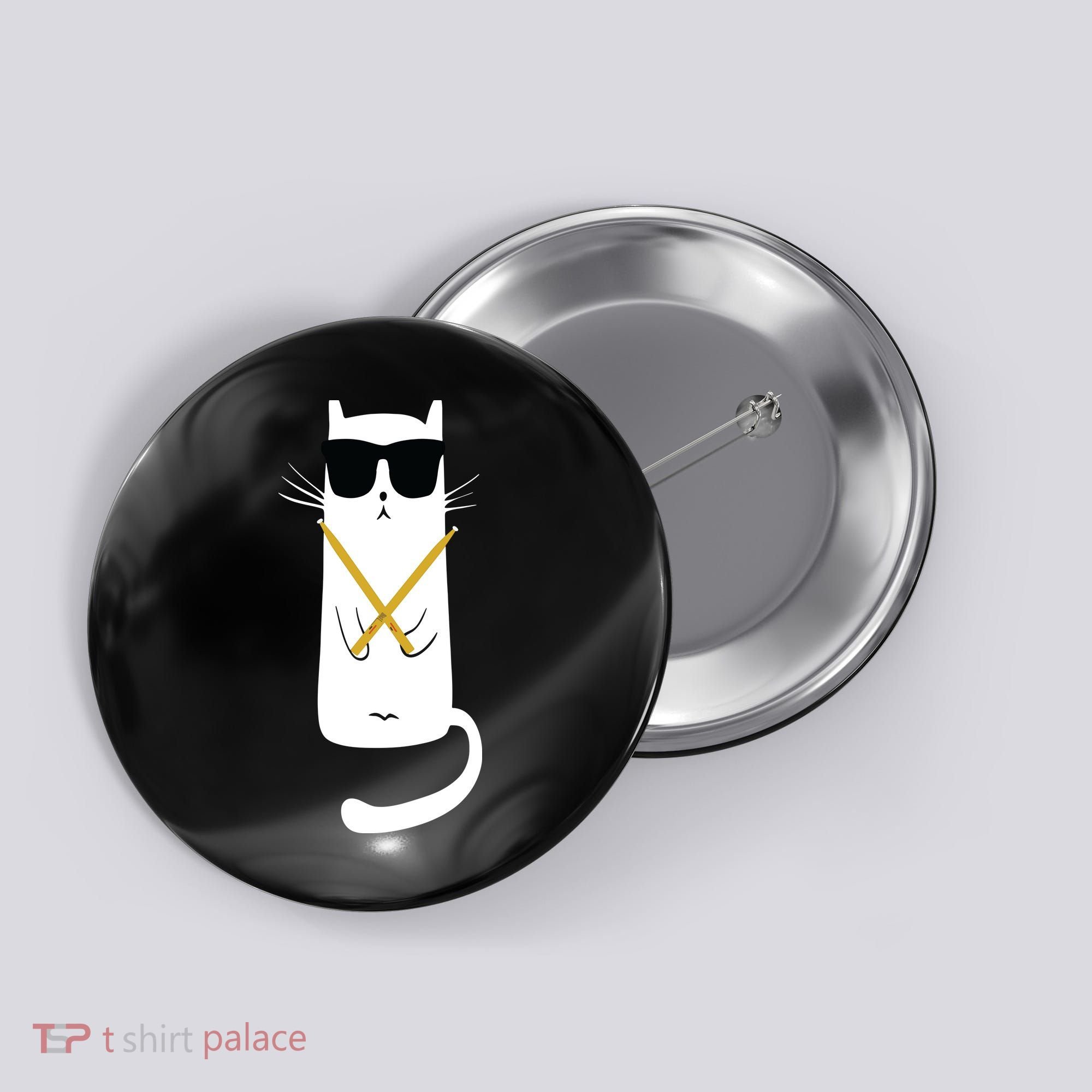 Funny Cat Wearing Sunglasses Drums Playing Drums Button