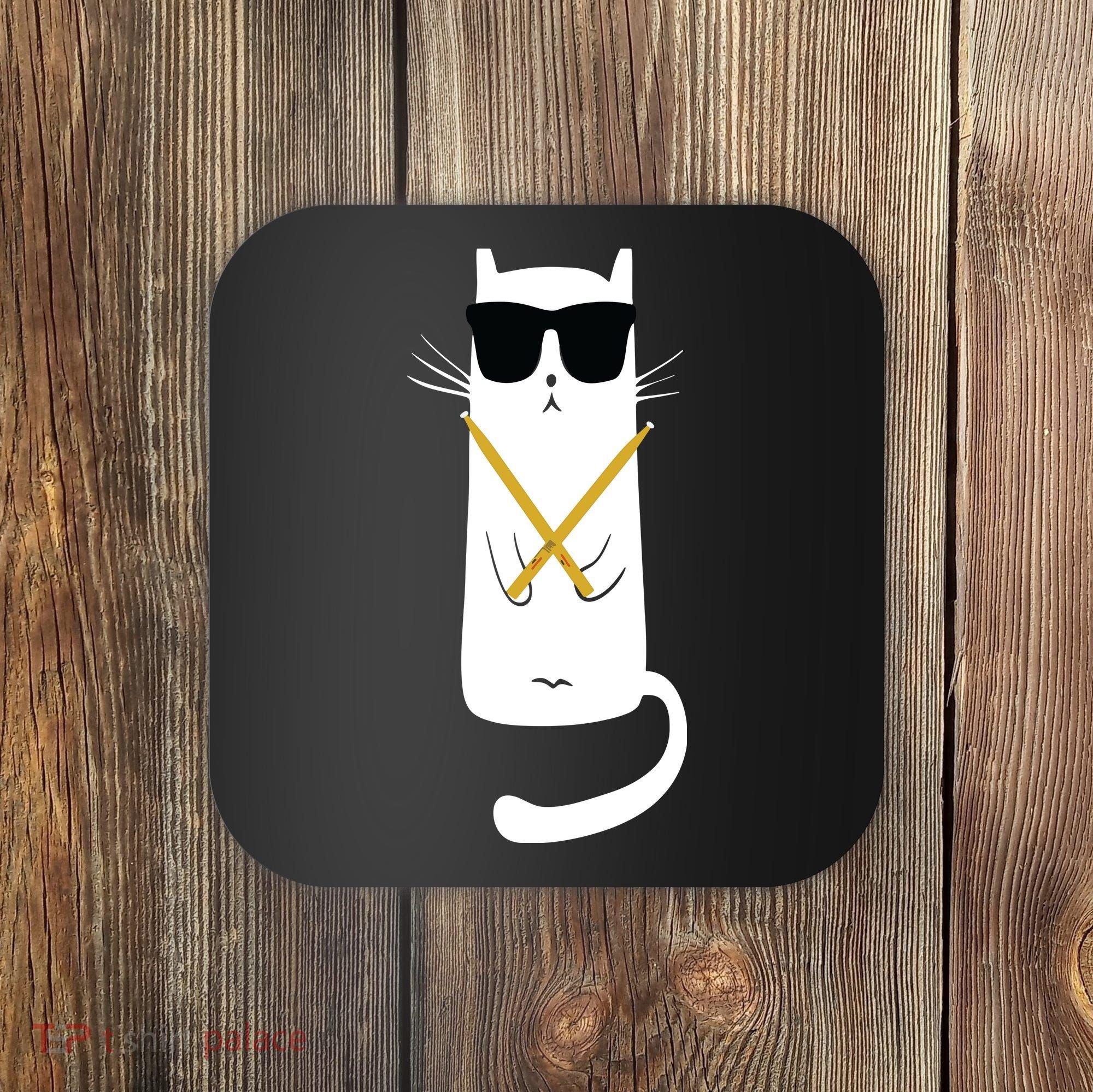 Funny Cat Wearing Sunglasses Drums Playing Drums Coaster