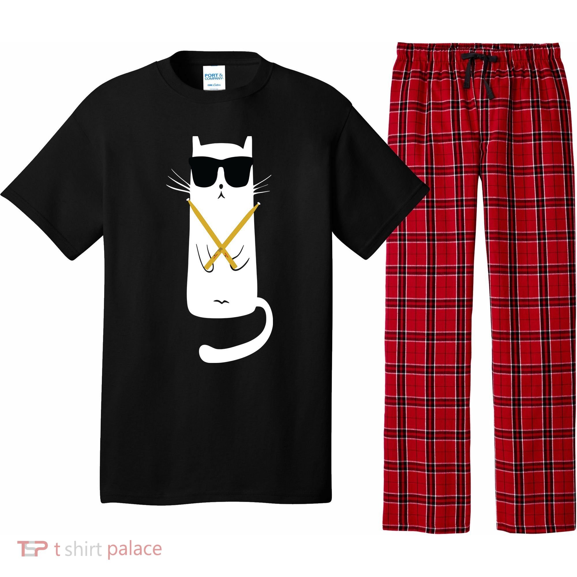 Funny Cat Wearing Sunglasses Drums Playing Drums Pajama Set