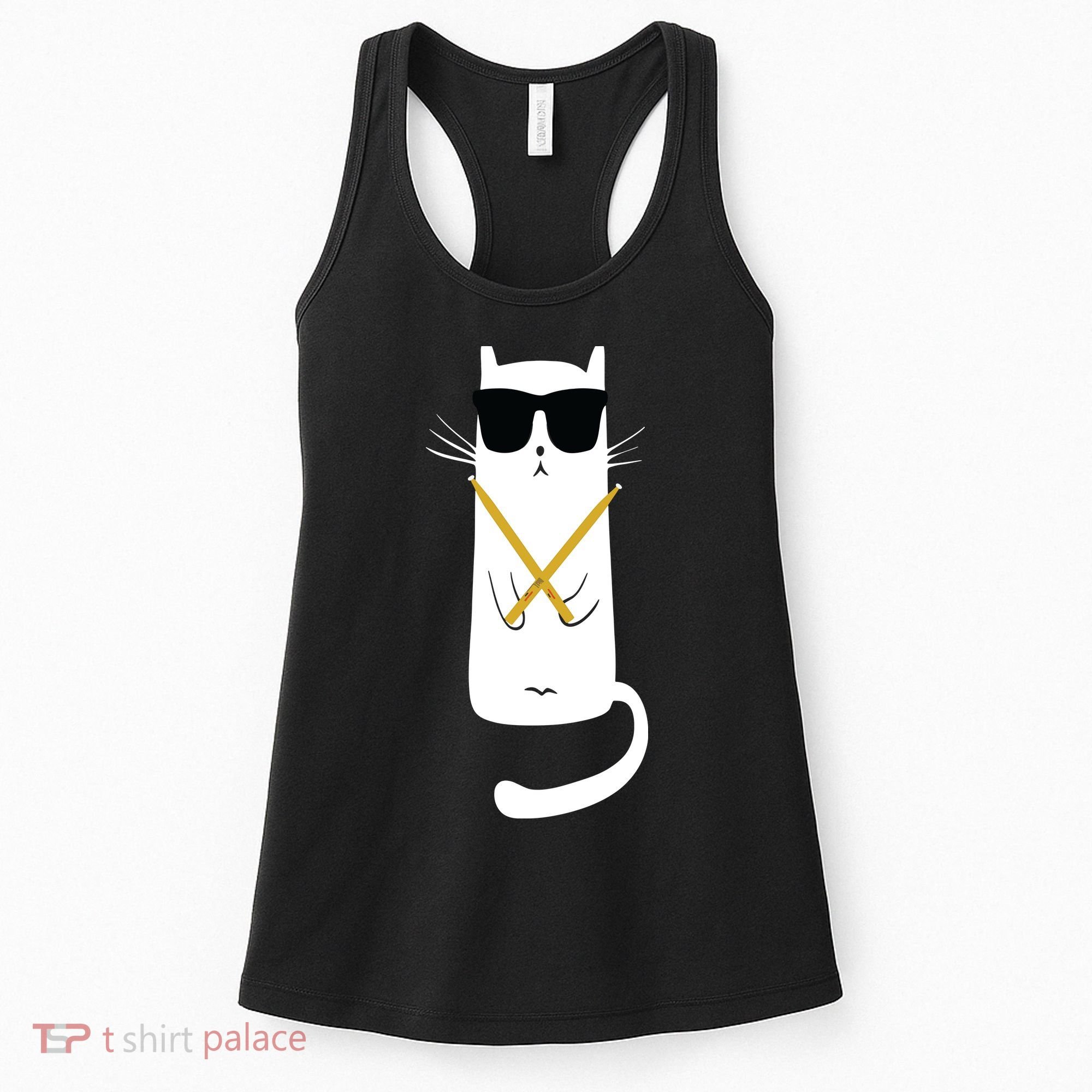 Funny Cat Wearing Sunglasses Drums Playing Drums Women's Tank Top