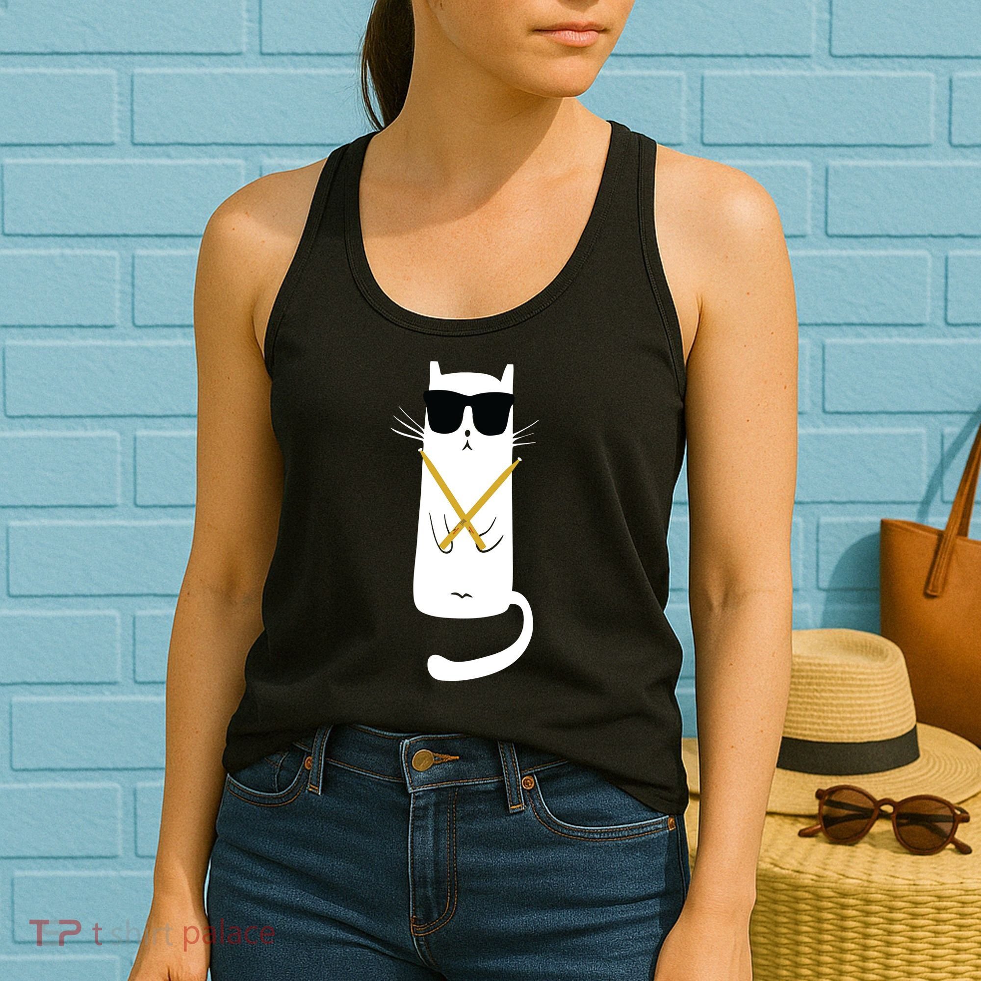 Funny Cat Wearing Sunglasses Drums Playing Drums Women's Tank Top