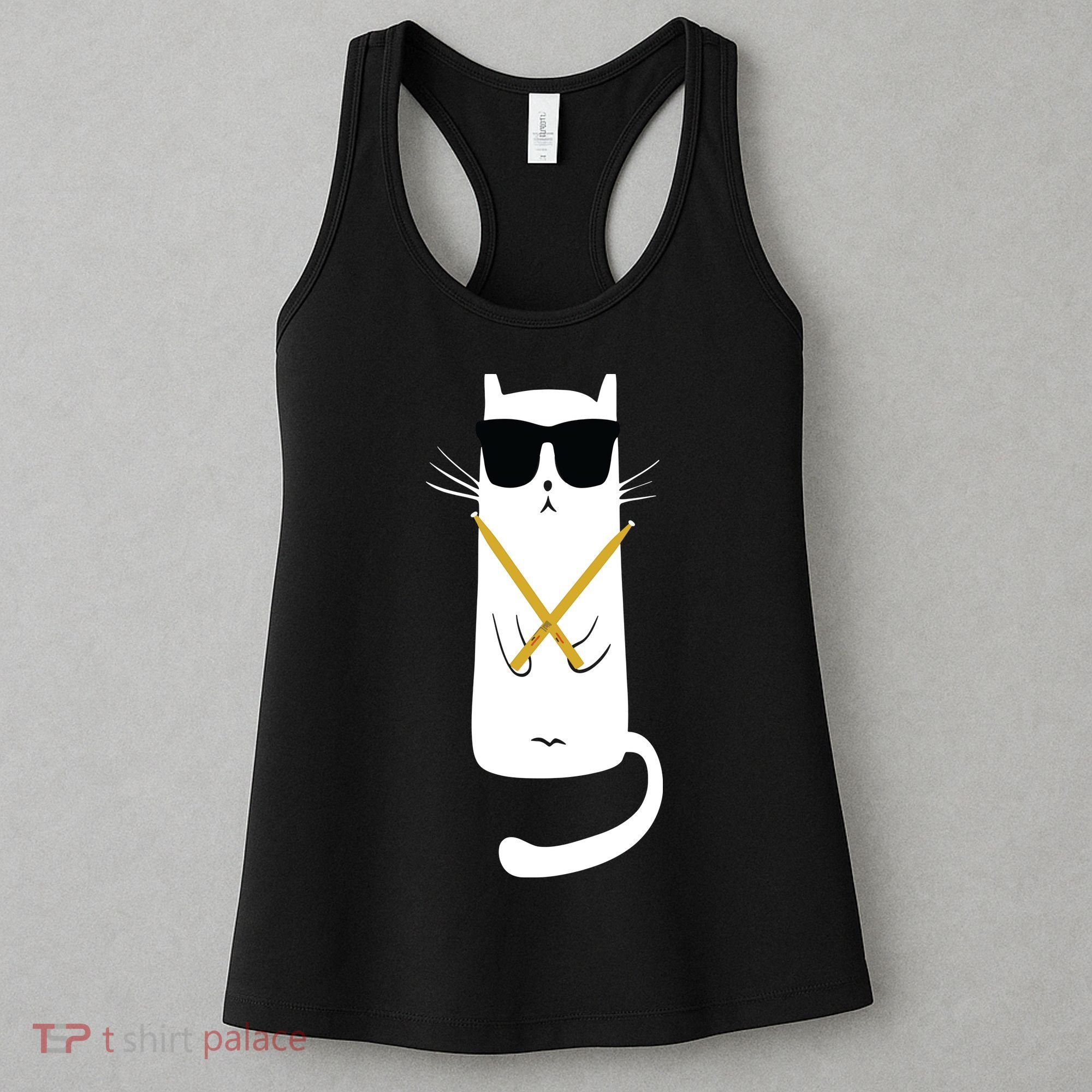 Funny Cat Wearing Sunglasses Drums Playing Drums Women's Tank Top