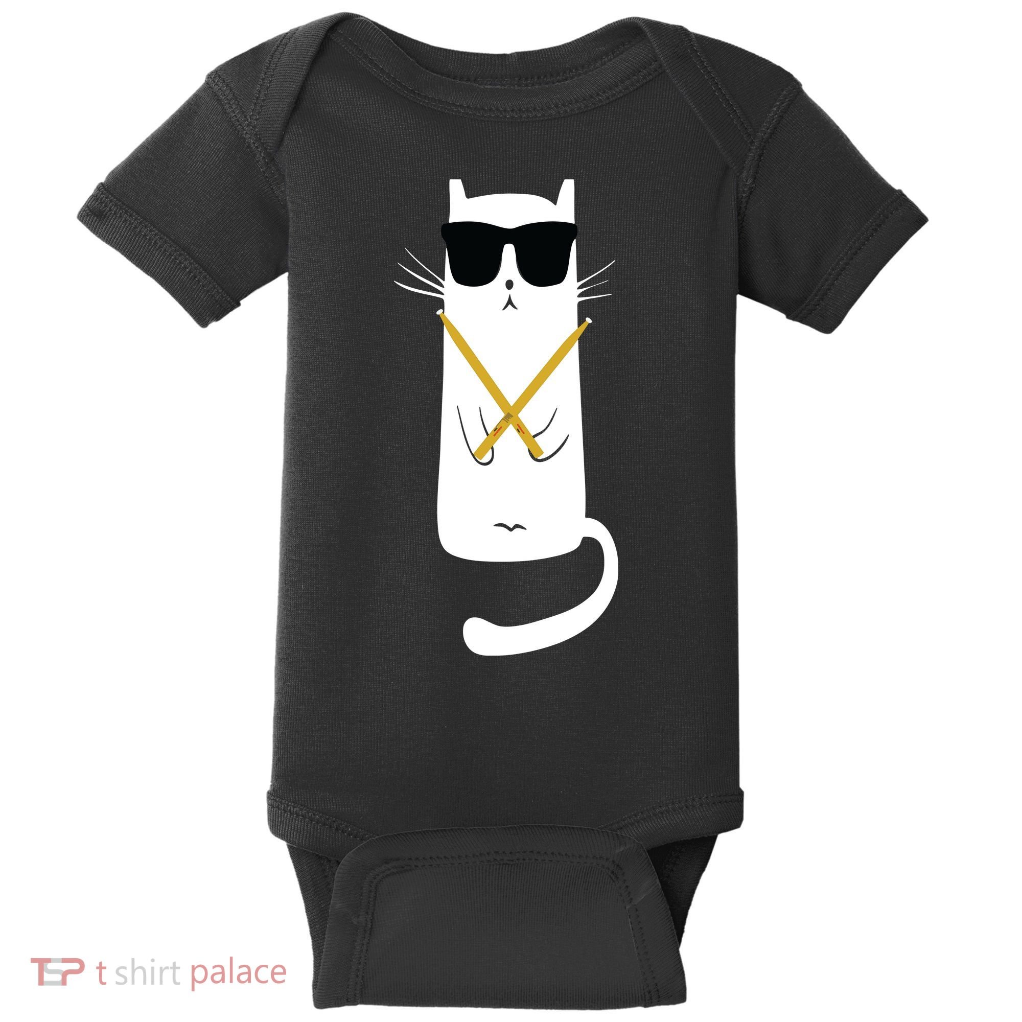 Funny Cat Wearing Sunglasses Drums Playing Drums Baby Bodysuit
