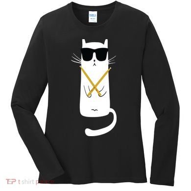 Funny Cat Wearing Sunglasses Drums Playing Drums Women's Long Sleeve Shirt