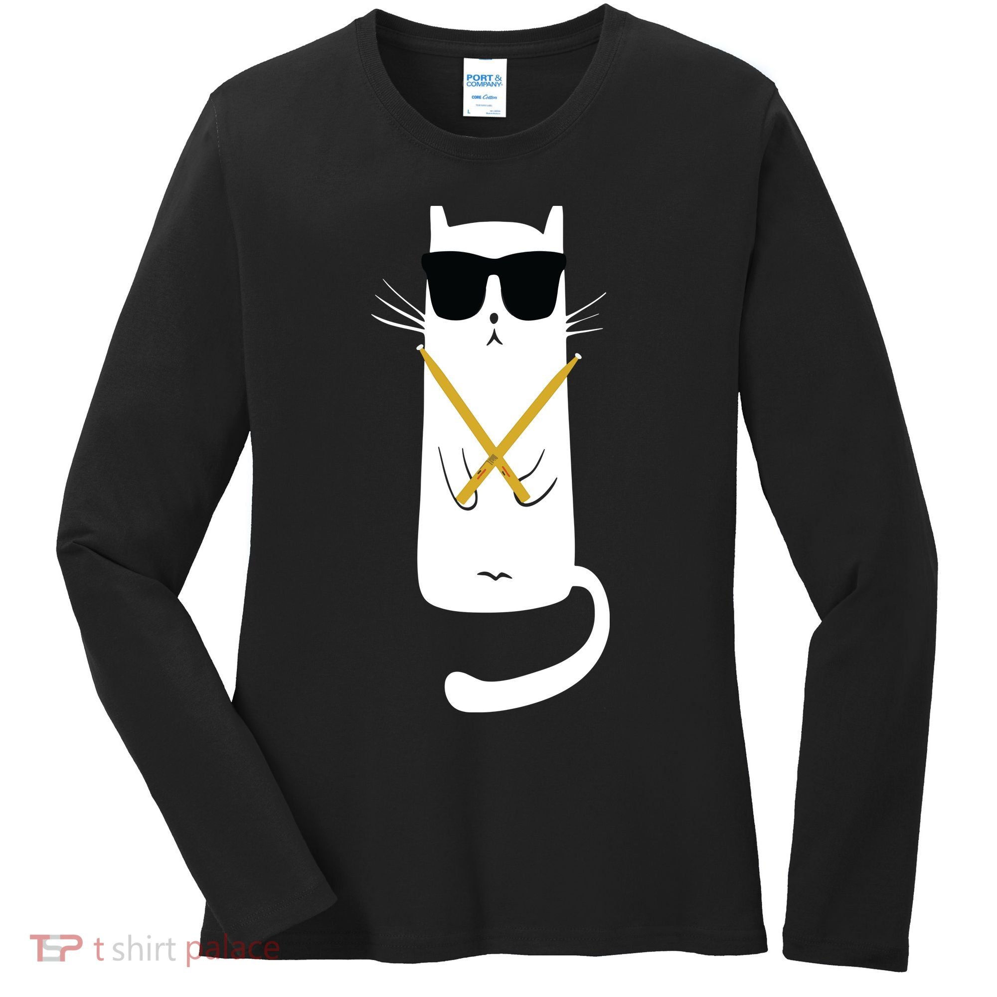 Funny Cat Wearing Sunglasses Drums Playing Drums Women's Long Sleeve Shirt