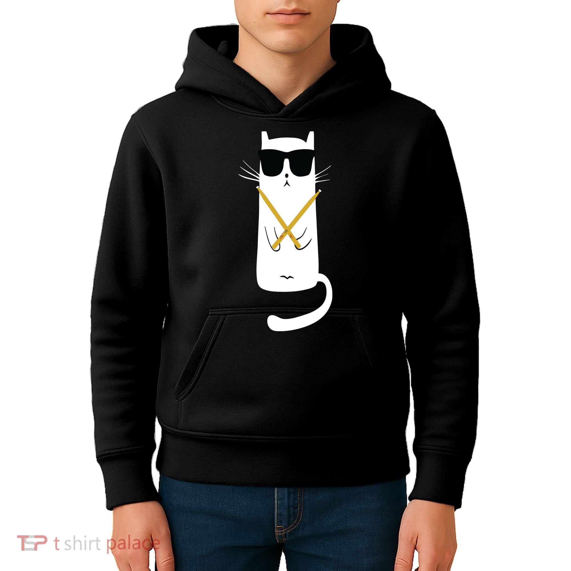 Funny Cat Wearing Sunglasses Drums Playing Drums Kids Hoodie