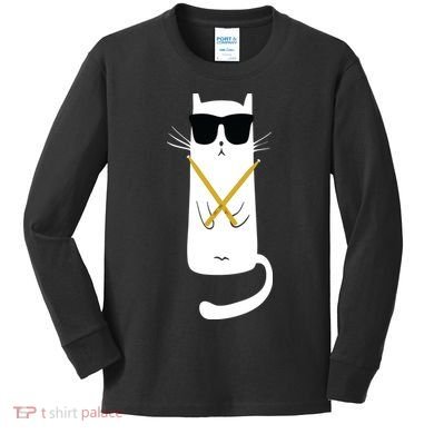Funny Cat Wearing Sunglasses Drums Playing Drums Kids Long Sleeve Shirt