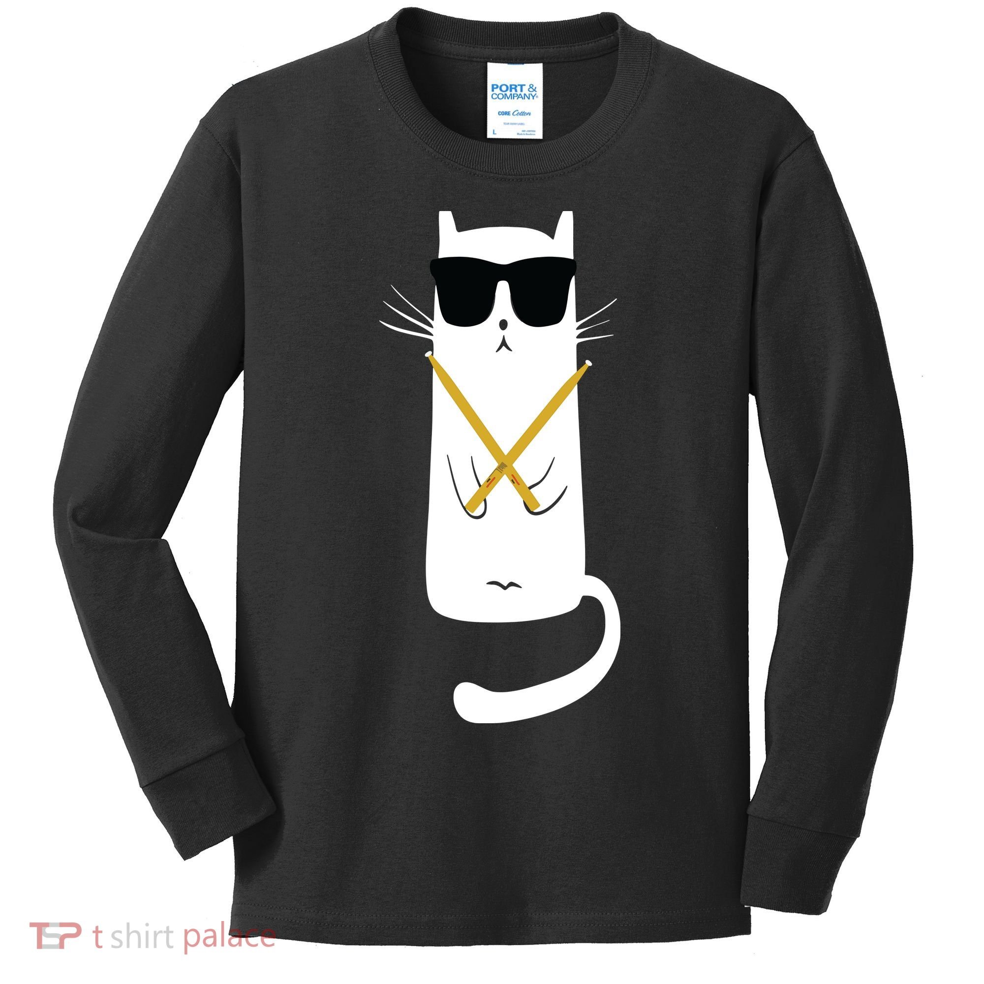 Funny Cat Wearing Sunglasses Drums Playing Drums Kids Long Sleeve Shirt