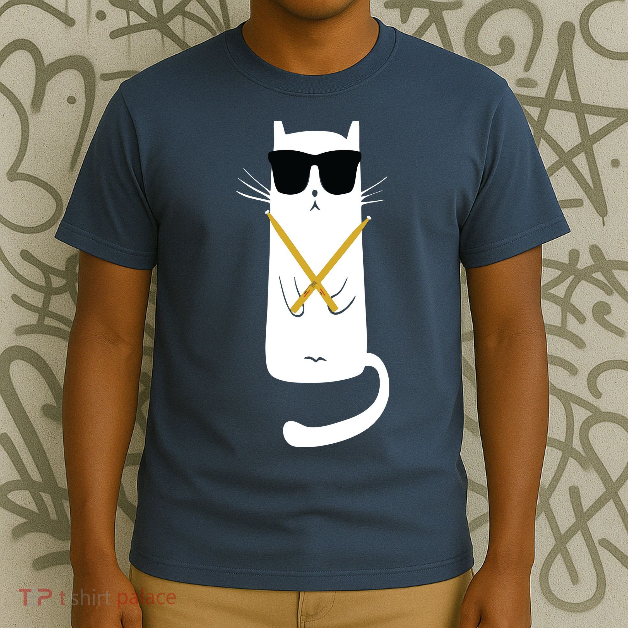 Funny Cat Wearing Sunglasses Drums Playing Drums T-Shirt