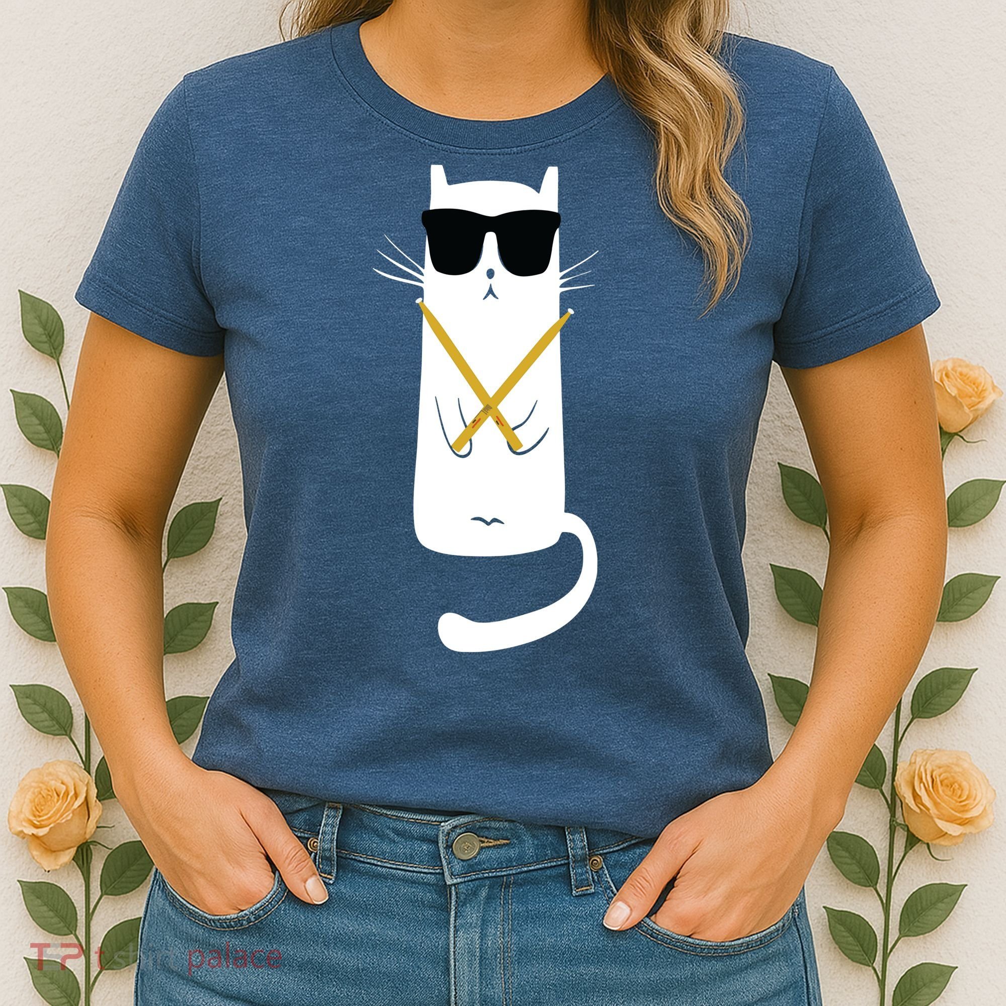 Funny Cat Wearing Sunglasses Drums Playing Drums Women's T-Shirt