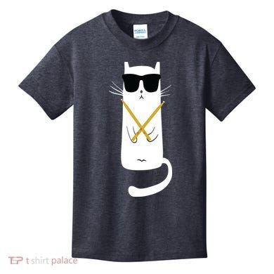 Funny Cat Wearing Sunglasses Drums Playing Drums Kids T-Shirt