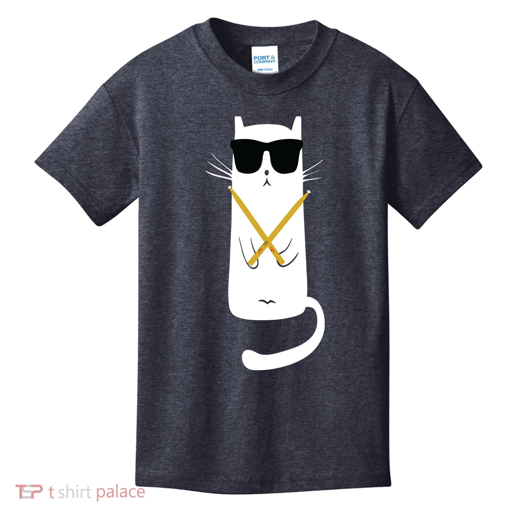 Funny Cat Wearing Sunglasses Drums Playing Drums Kids T-Shirt