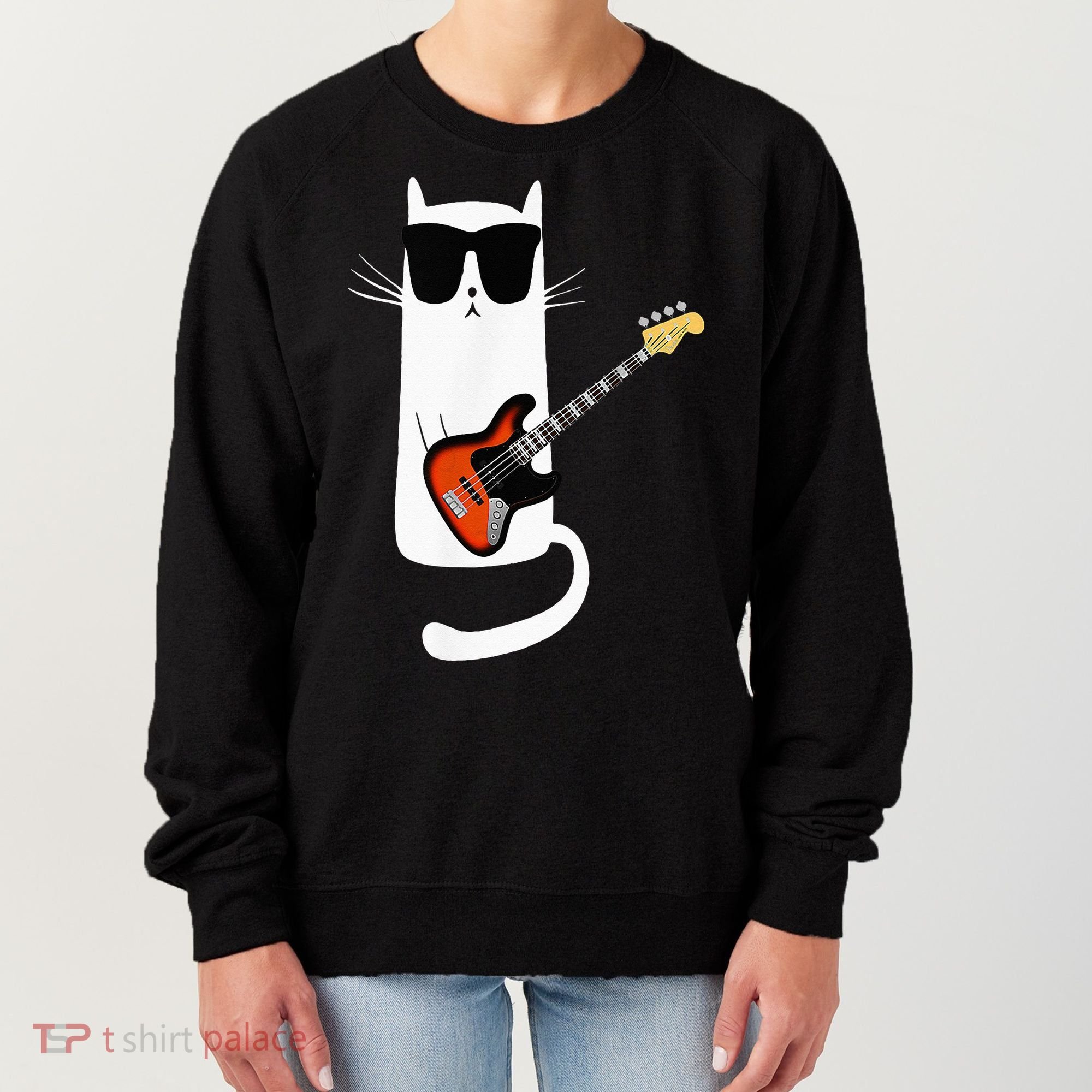 Funny Cat Wearing Sunglasses Playing Bass Guitar Women's Sweatshirt