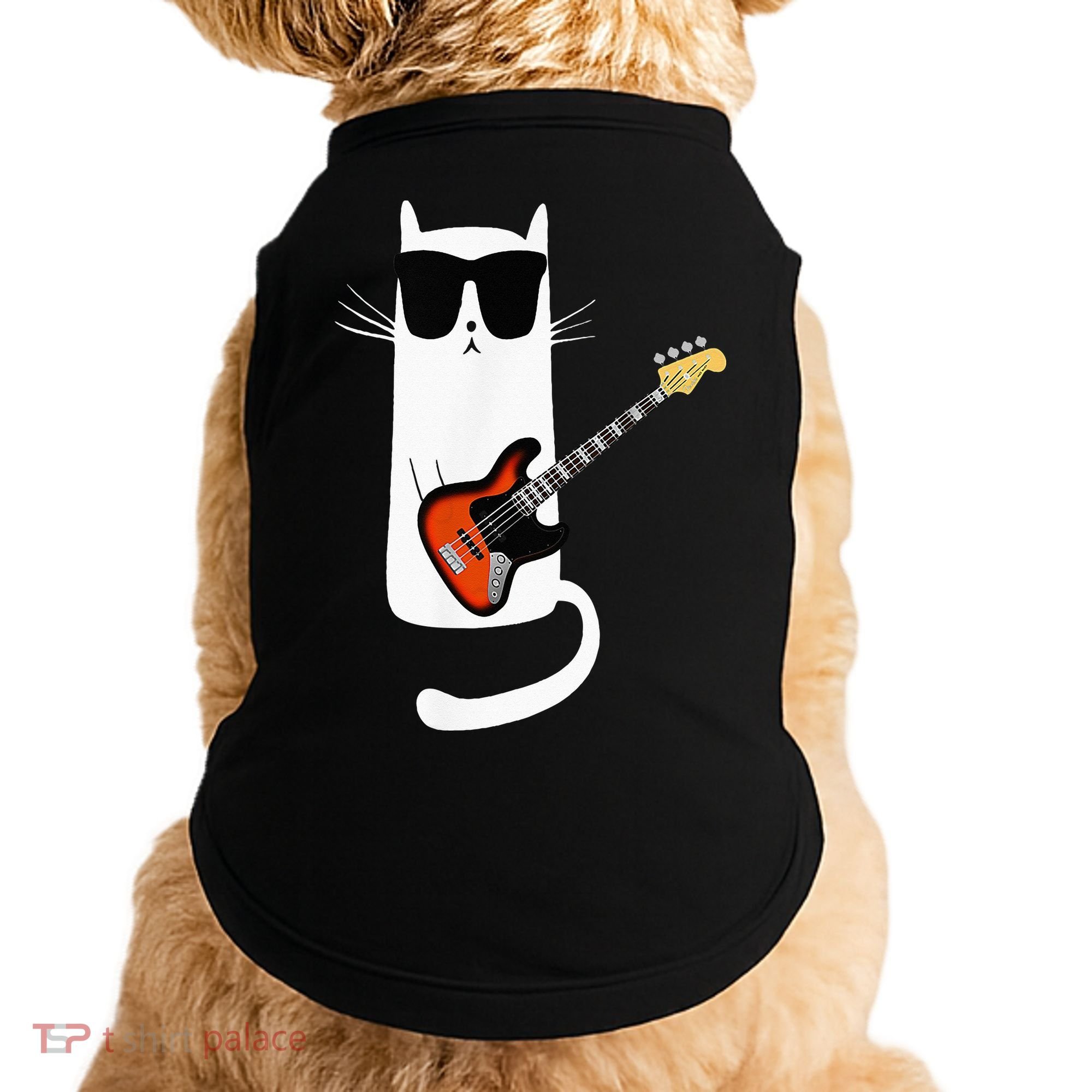 Funny Cat Wearing Sunglasses Playing Bass Guitar Doggie Tank